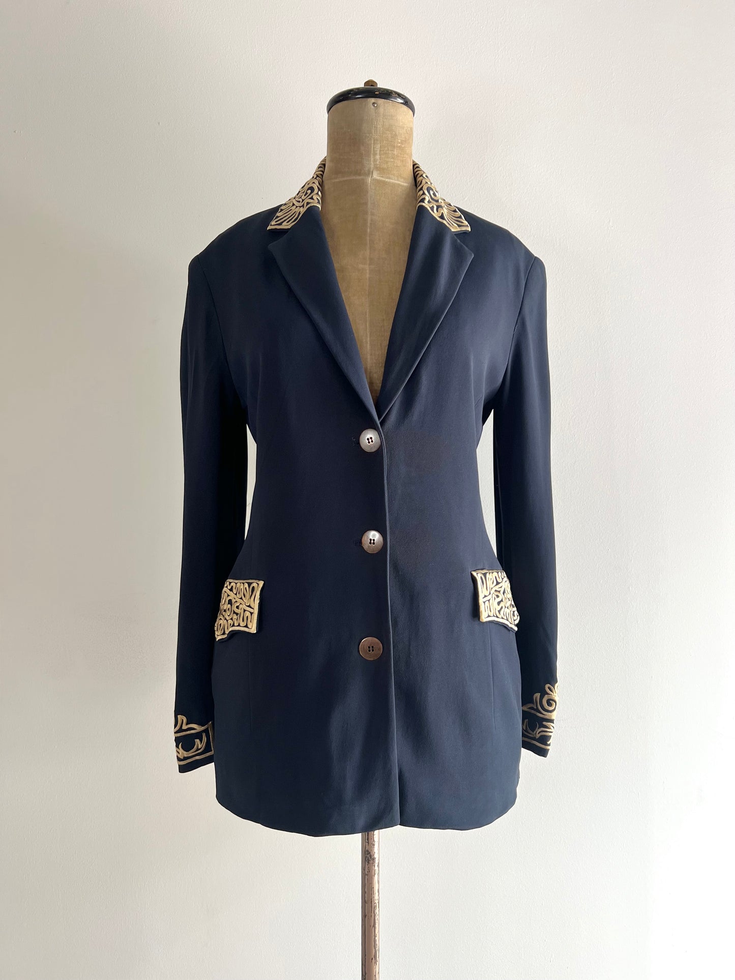 rifat ozbek navy blazer with decorative embroidery, s/s 1993