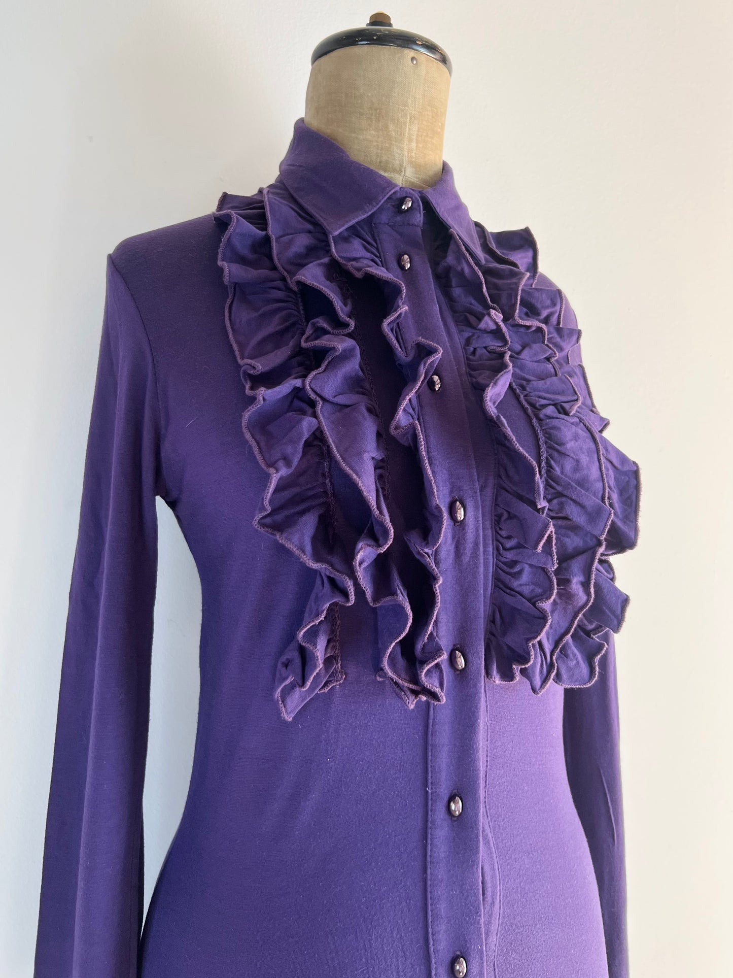 chantal thomass purple ruffled “bib” button up, 1990s