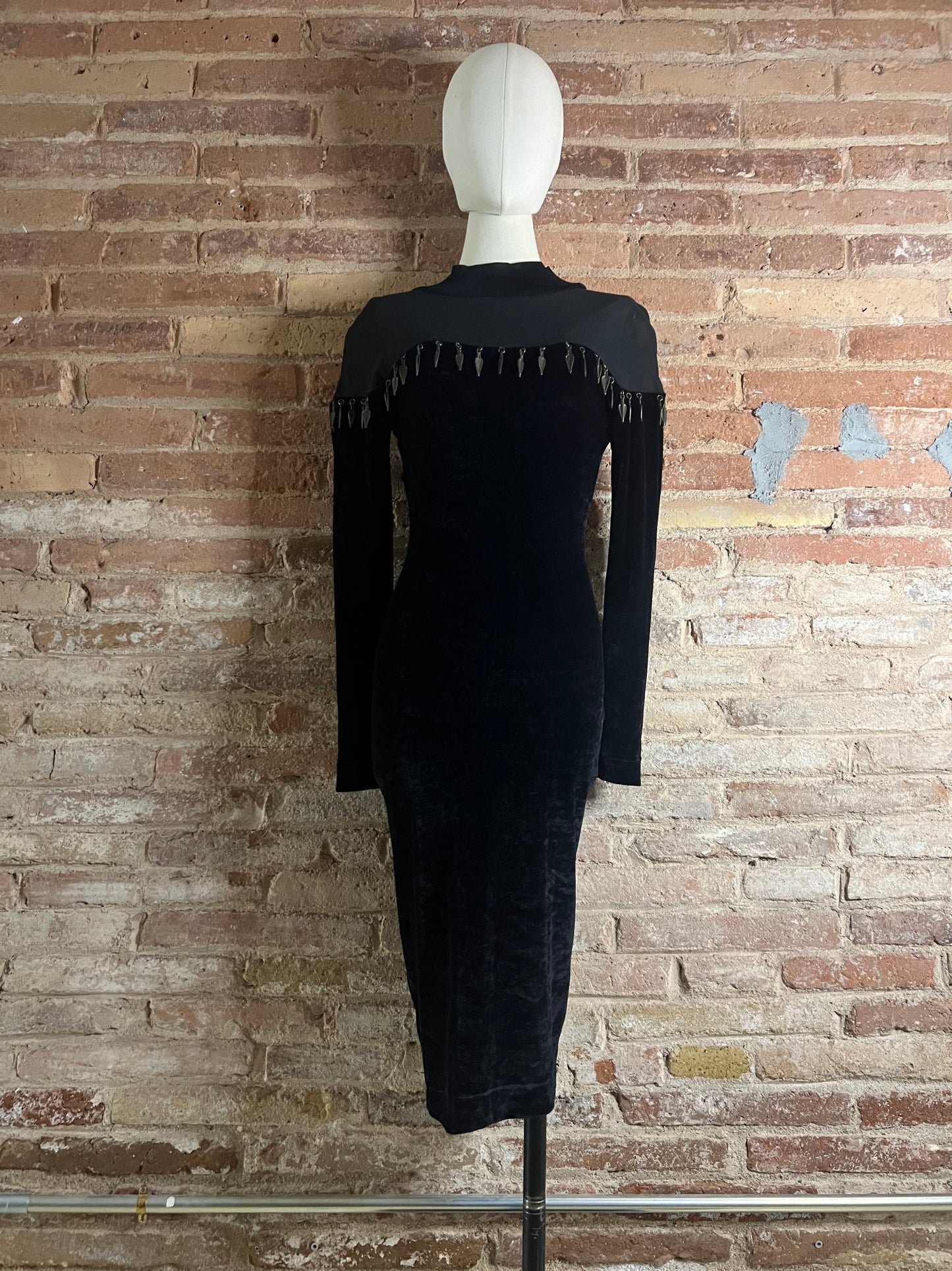 rifat ozbek bodycon dress with metal fringe, a/w 1991