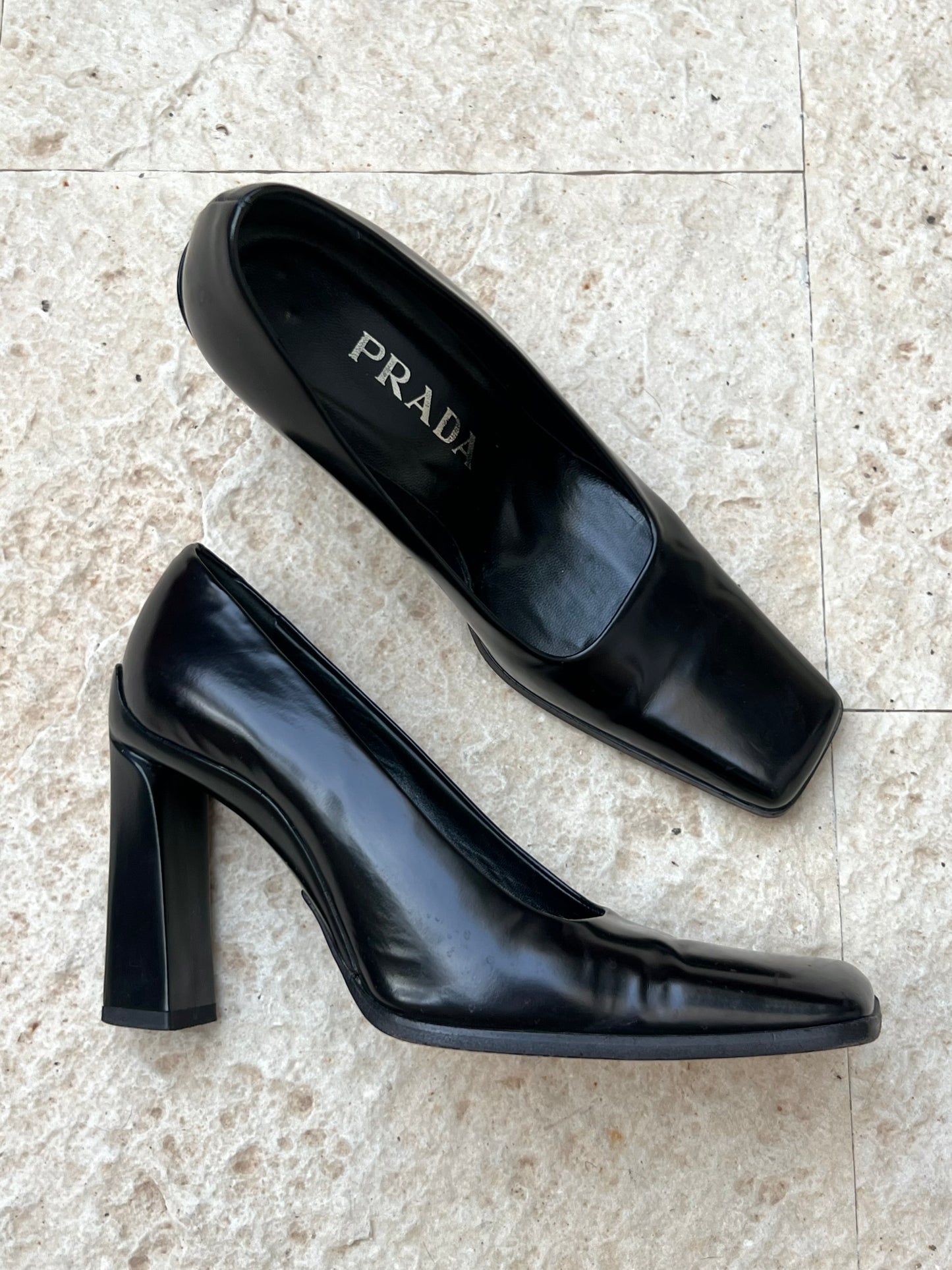 prada square toe pumps with angular block heel, a/w 1998