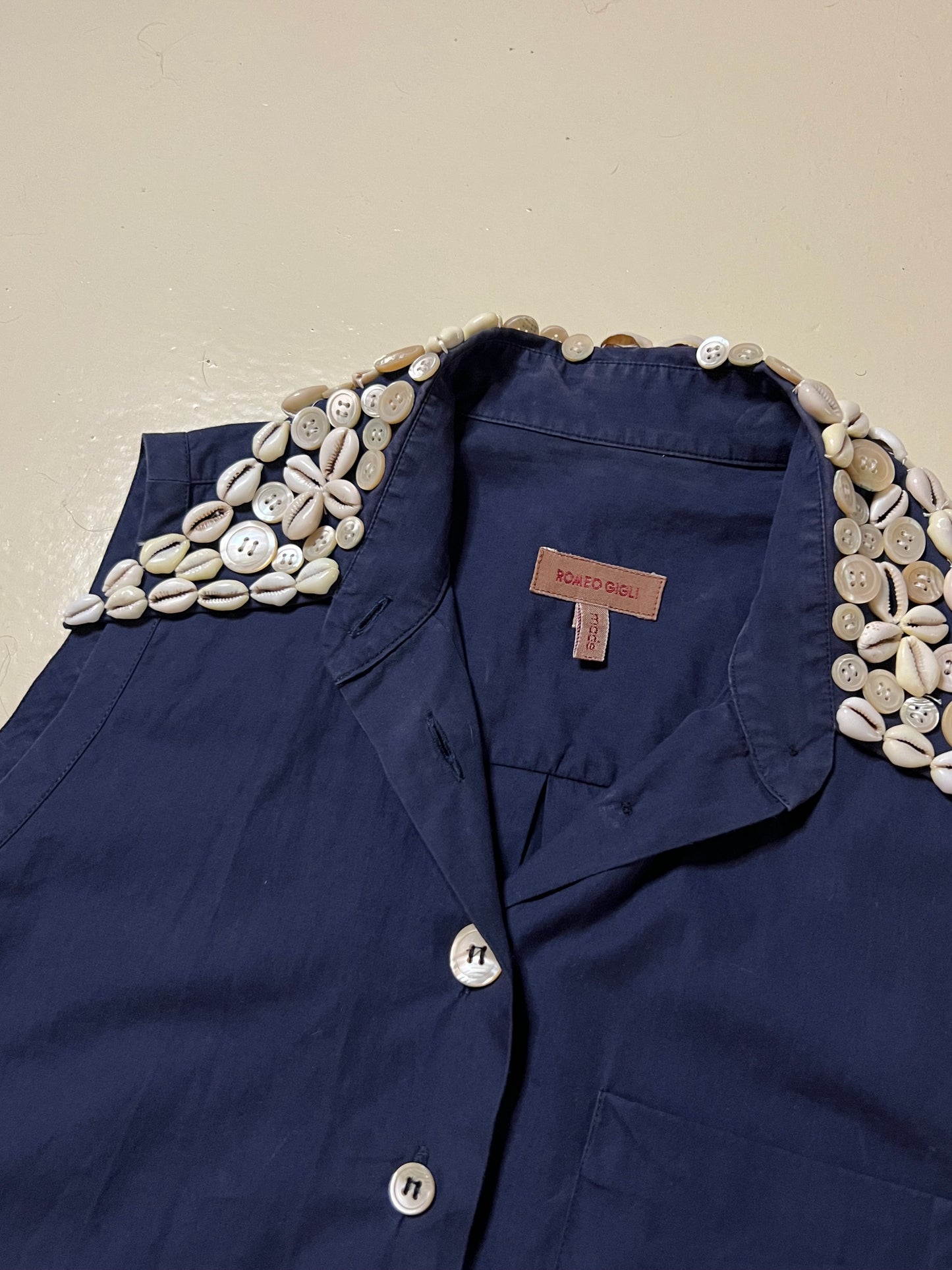 romeo gigli cowrie shell and button embroidered shirt, s/s 1995