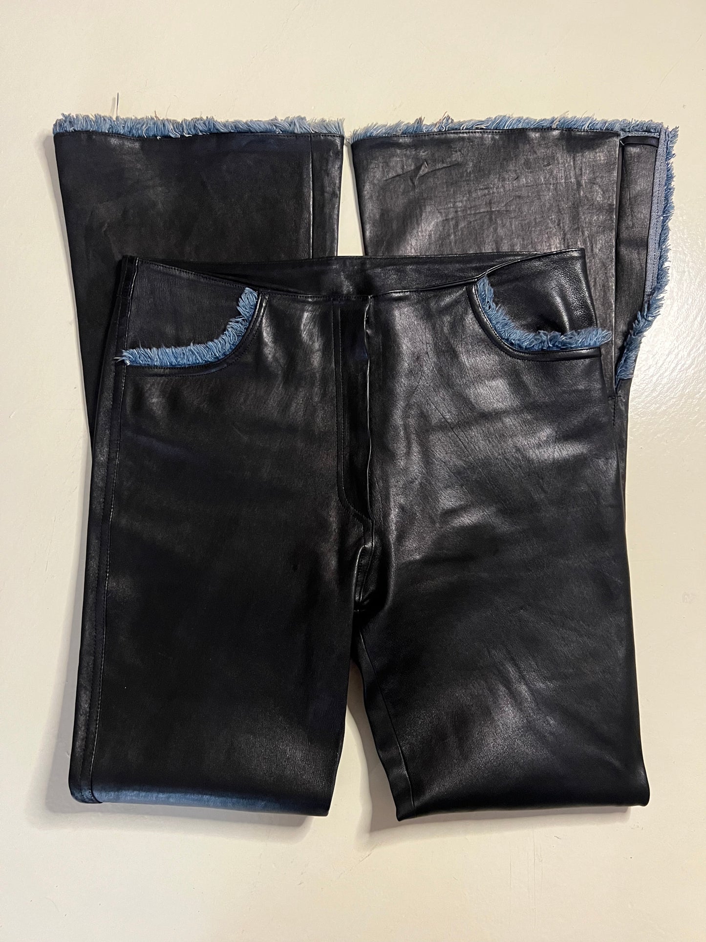 jean claude jitrois leather and denim trousers, 2000s