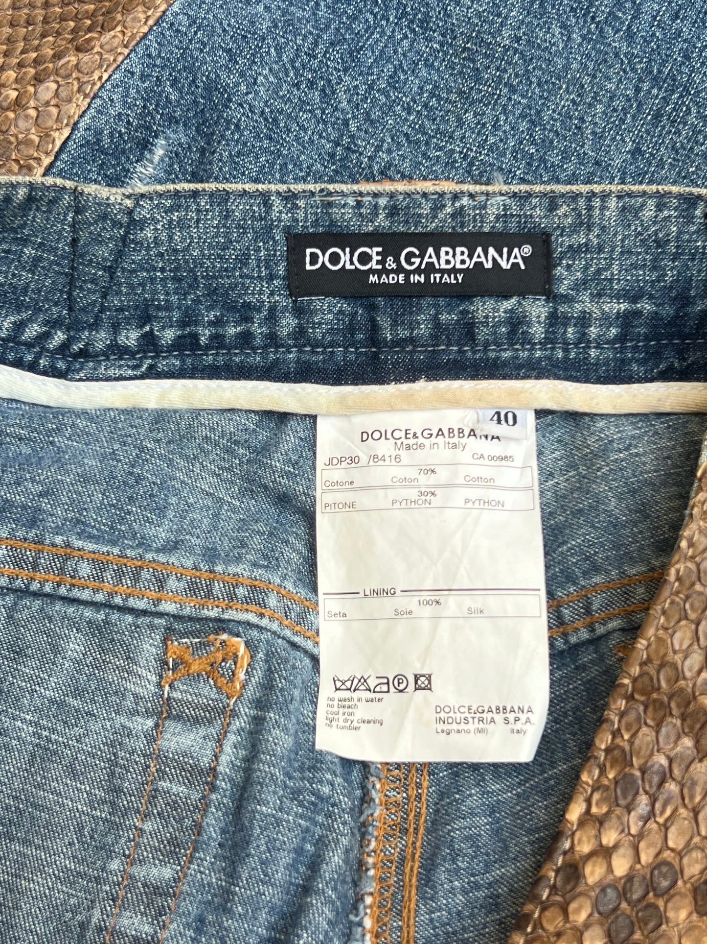 dolce & gabbana genuine python and denim trousers, s/s 2005