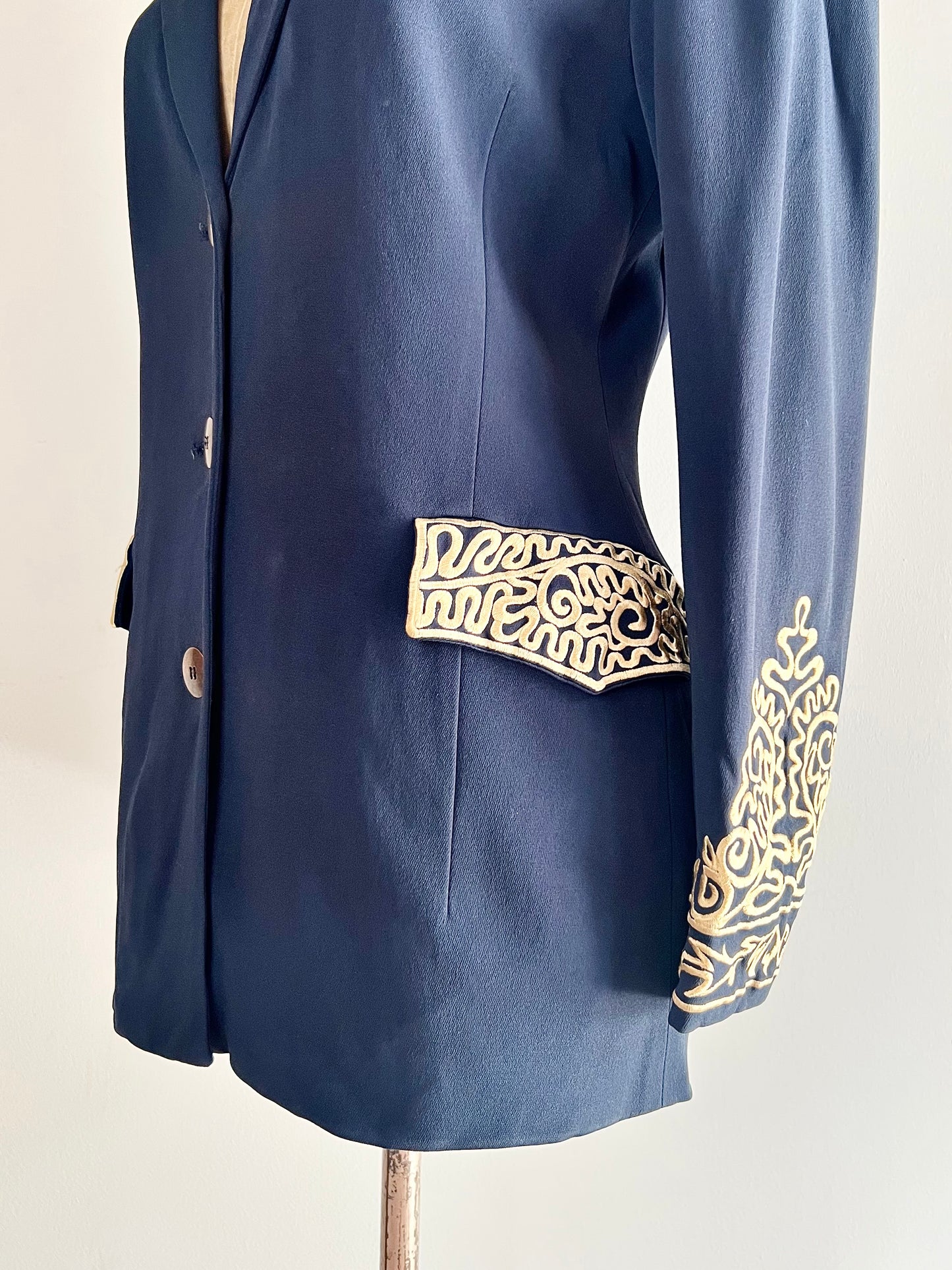 rifat ozbek navy blazer with decorative embroidery, s/s 1993