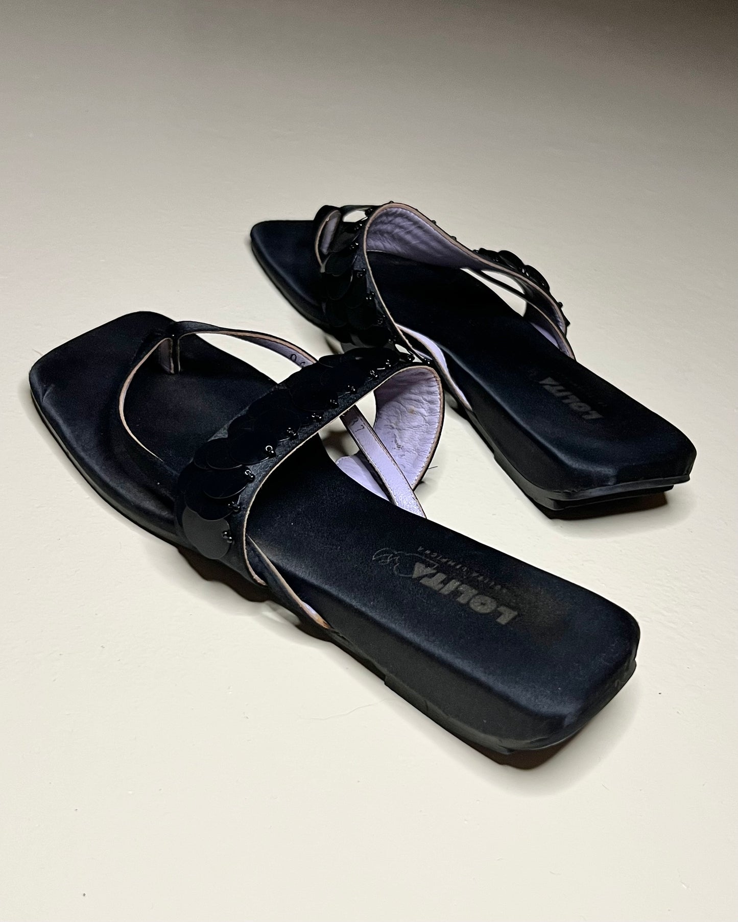 lolita lempicka black satin block heeled sandal, 1990s