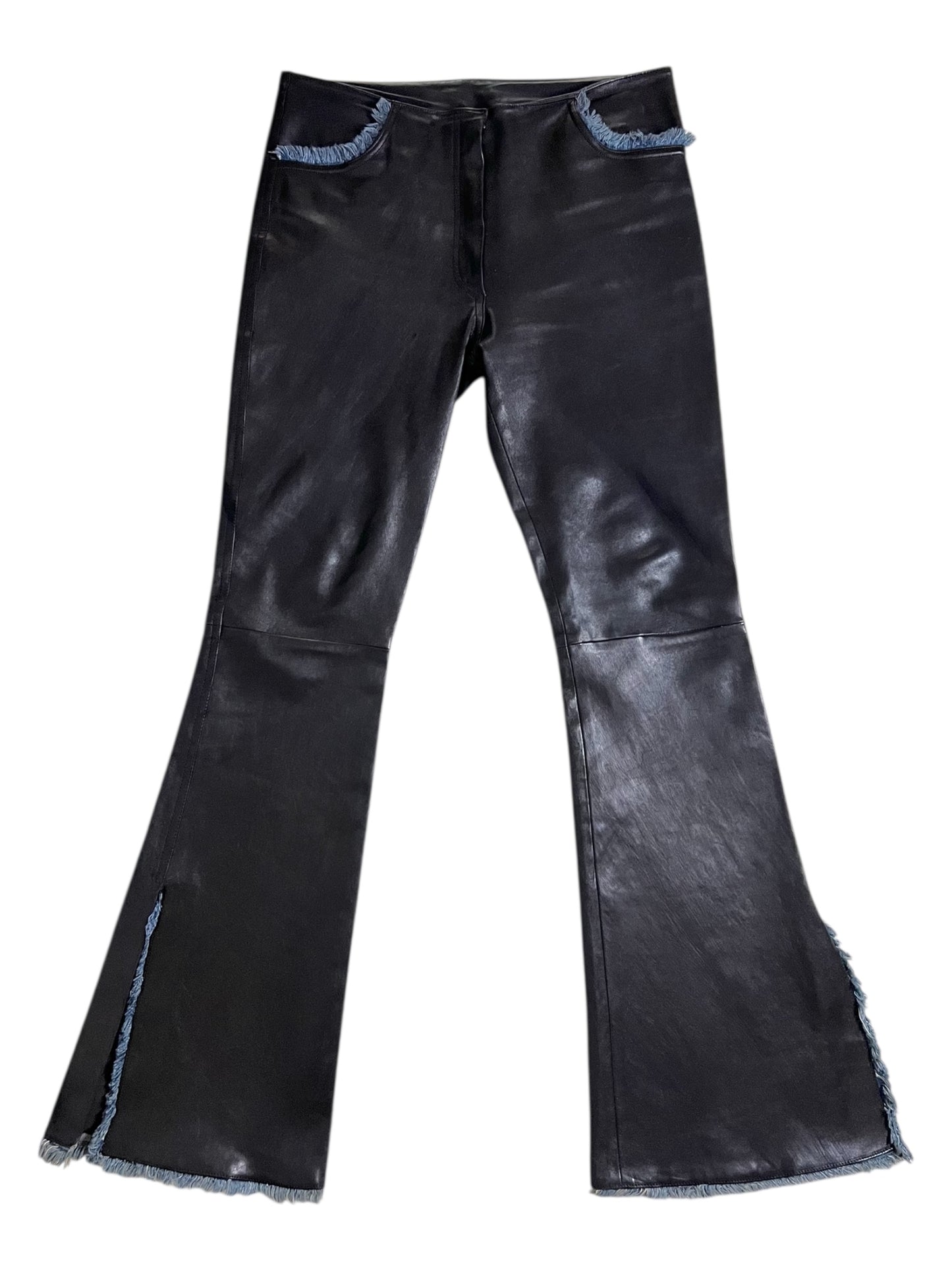 jean claude jitrois leather and denim trousers, 2000s