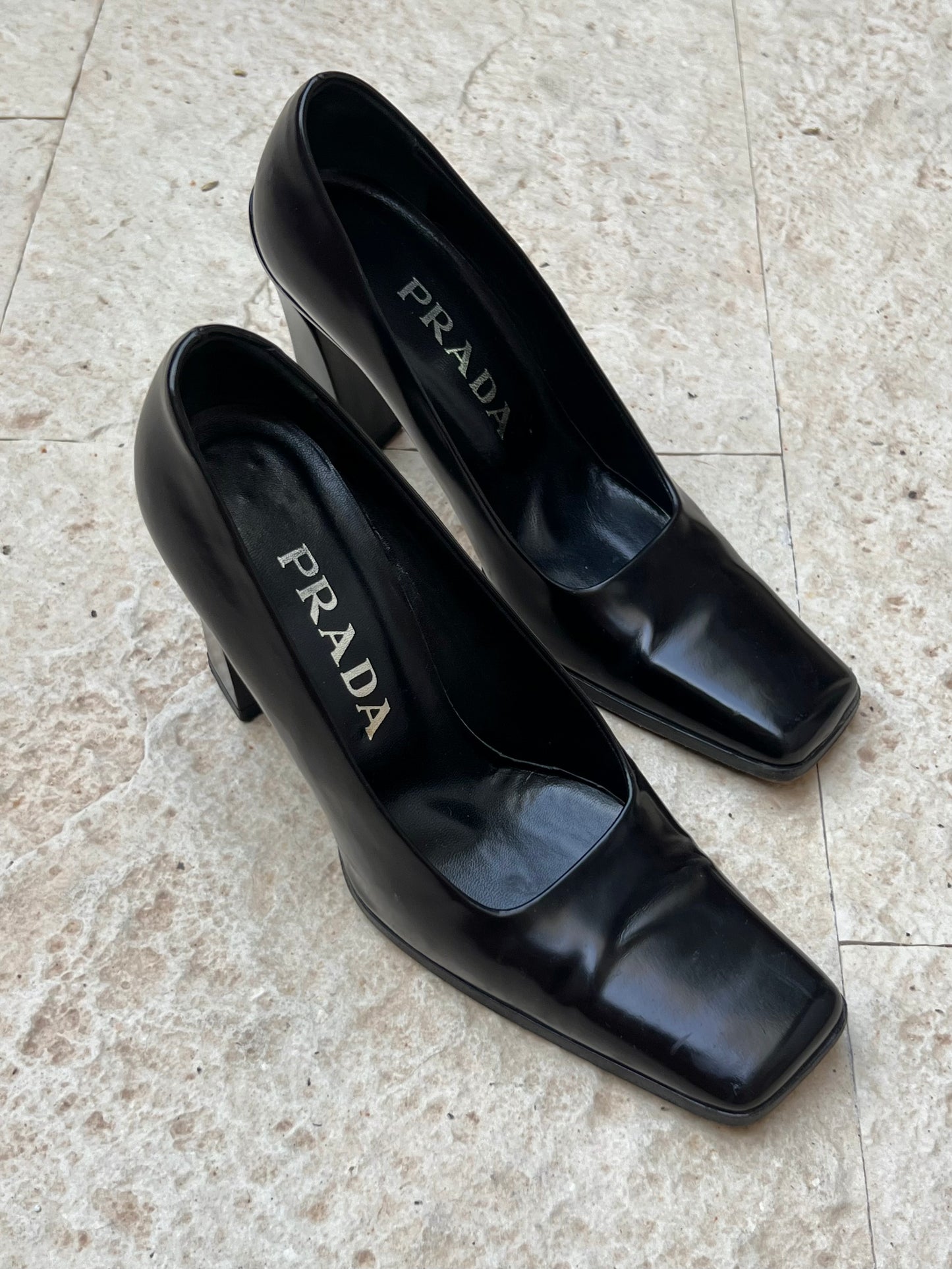prada square toe pumps with angular block heel, a/w 1998