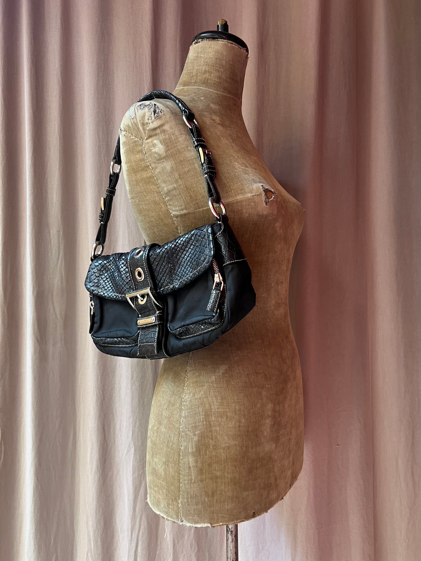 prada crocodile, python, and nylon shoulder bag, s/s 2004