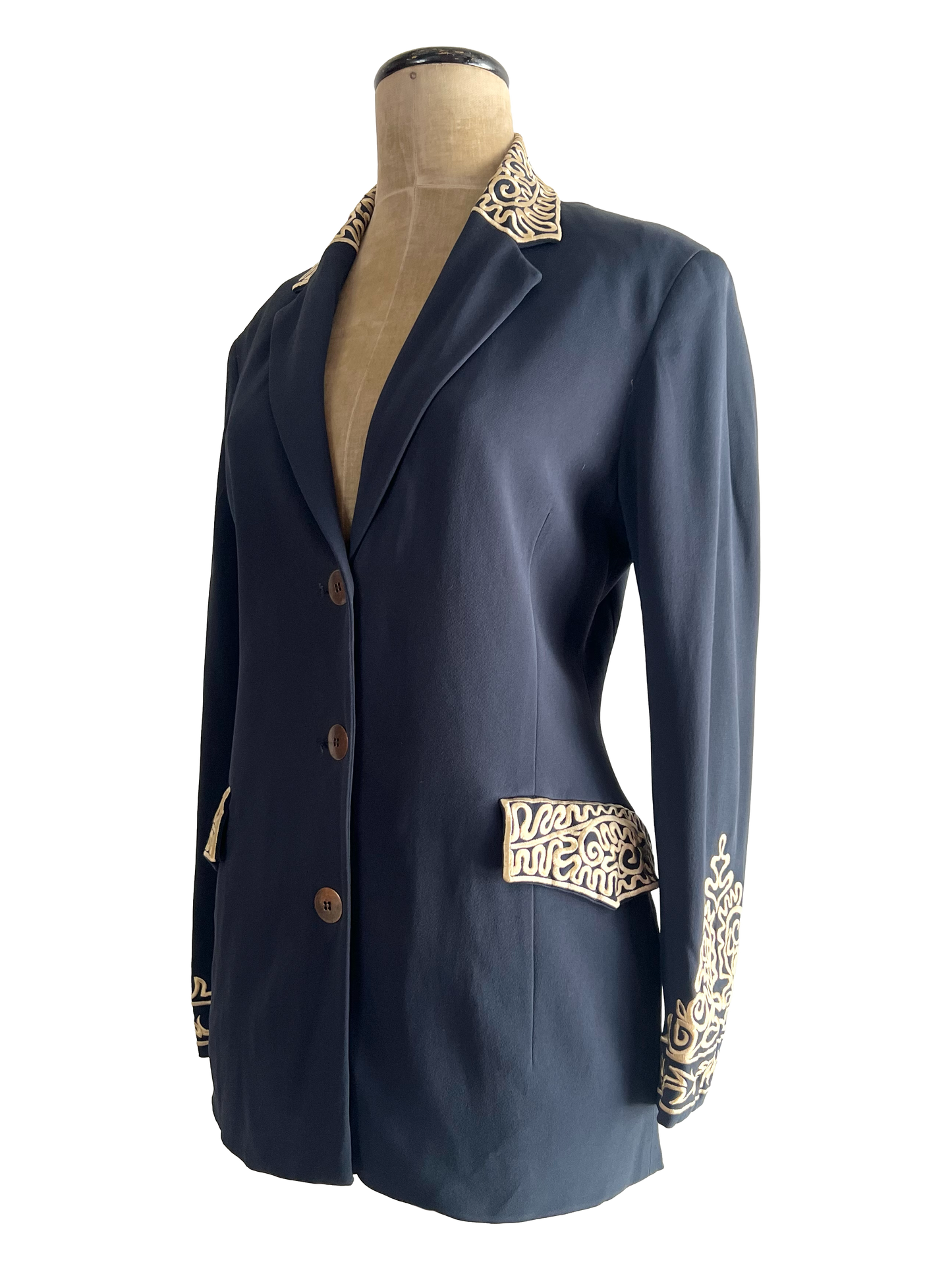 rifat ozbek navy blazer with decorative embroidery, s/s 1993