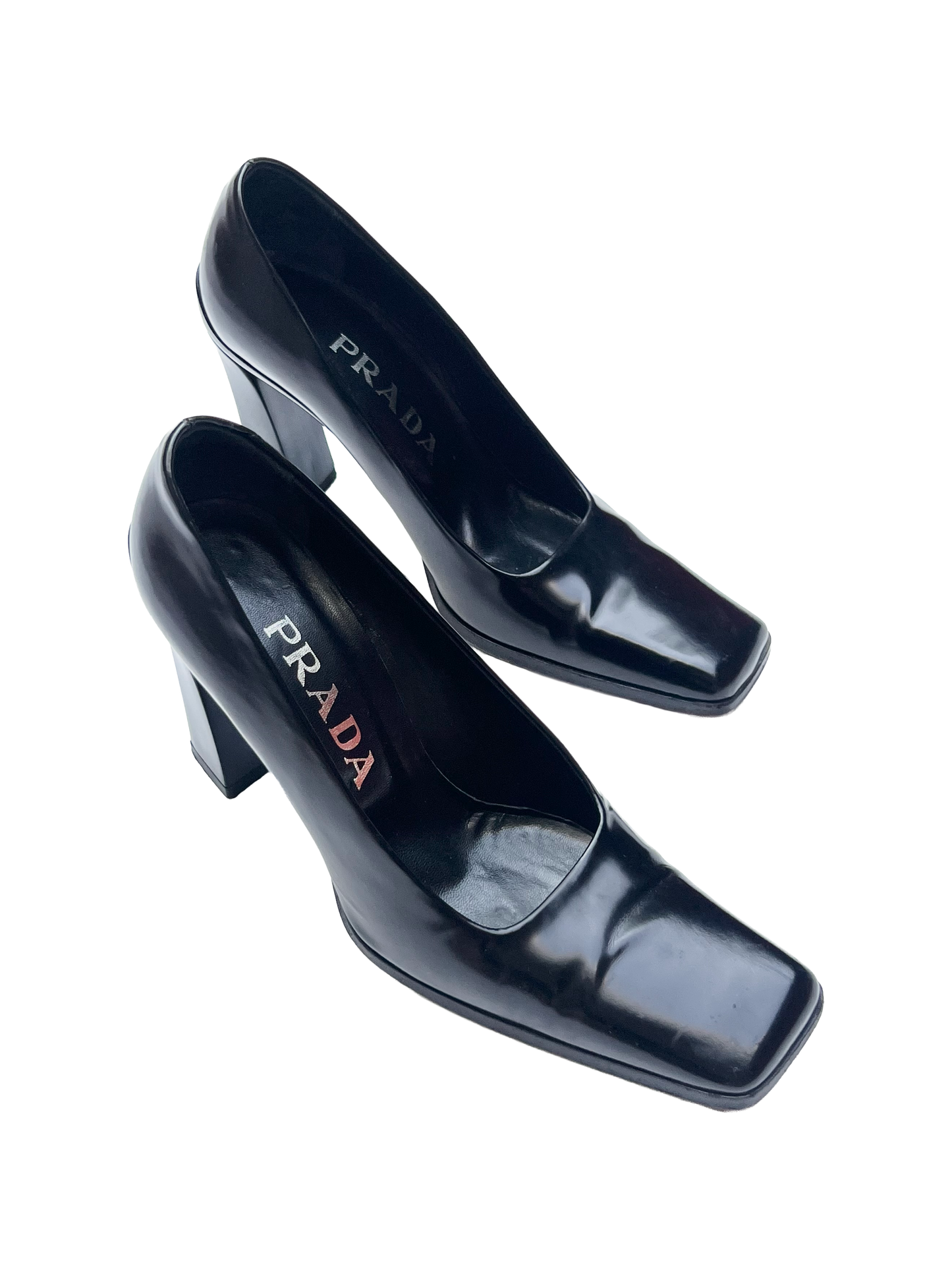 prada square toe pumps with angular block heel, a/w 1998
