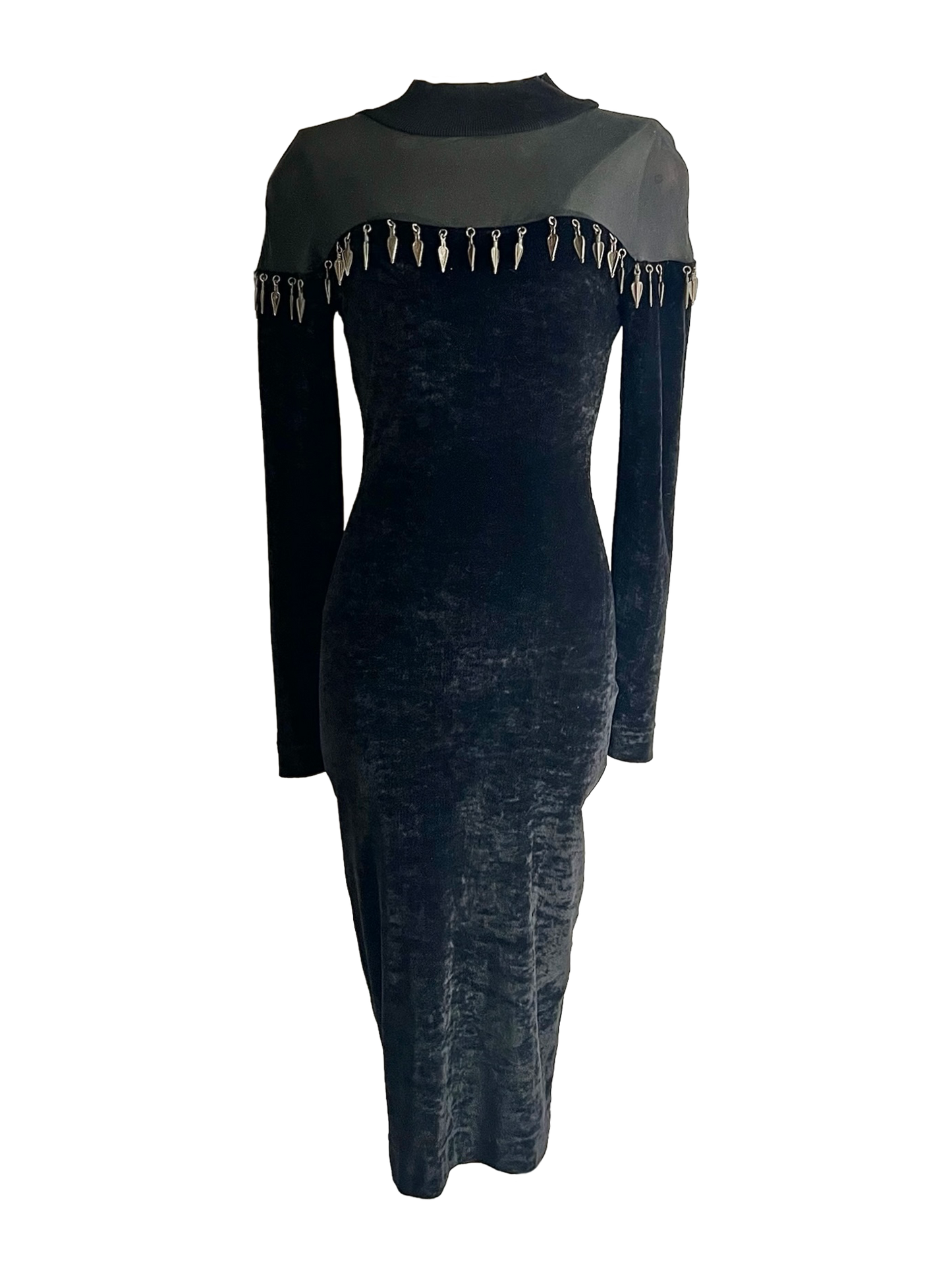 rifat ozbek bodycon dress with metal fringe, a/w 1991