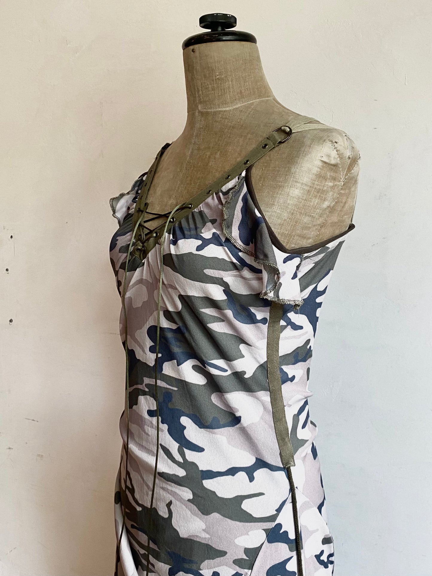 mesh camouflage dress with adjustable straps and drawstrings, late 90s
