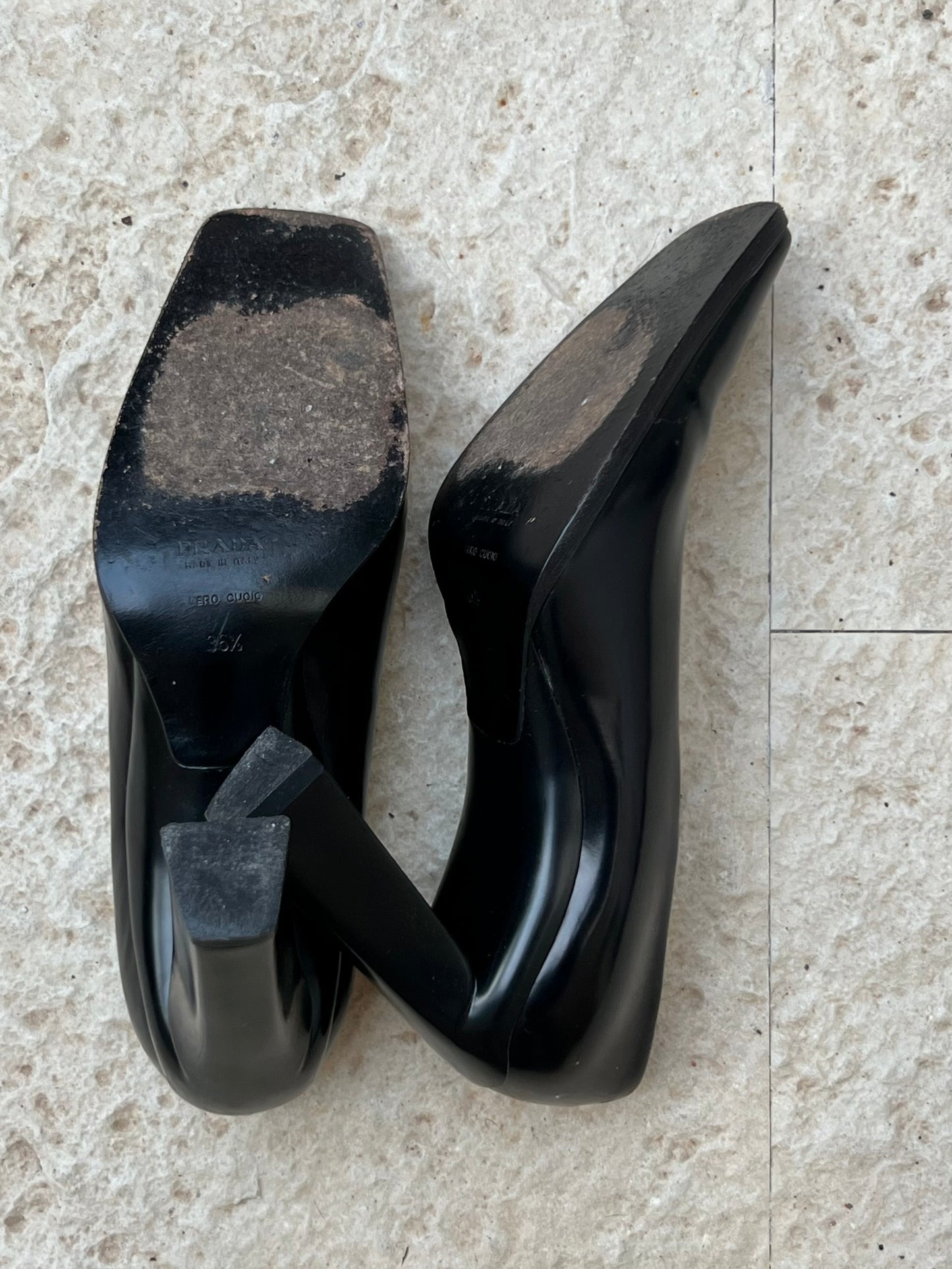 prada square toe pumps with angular block heel, a/w 1998