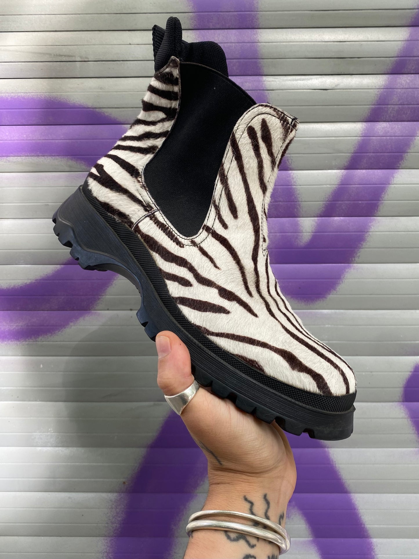 prada lug sole zebra printed pony hair boots, 2000s