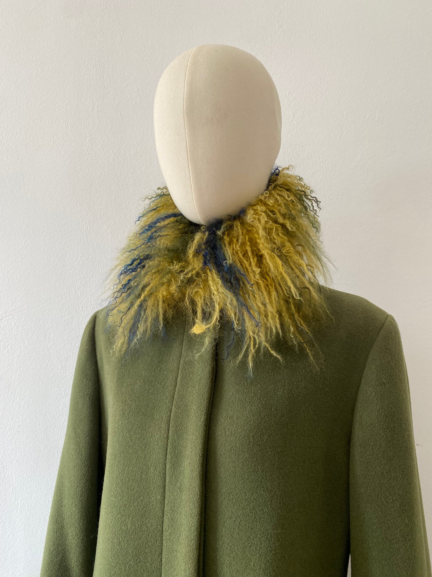 romeo gigli fur trimmed olive wool coat, mid-late 90s