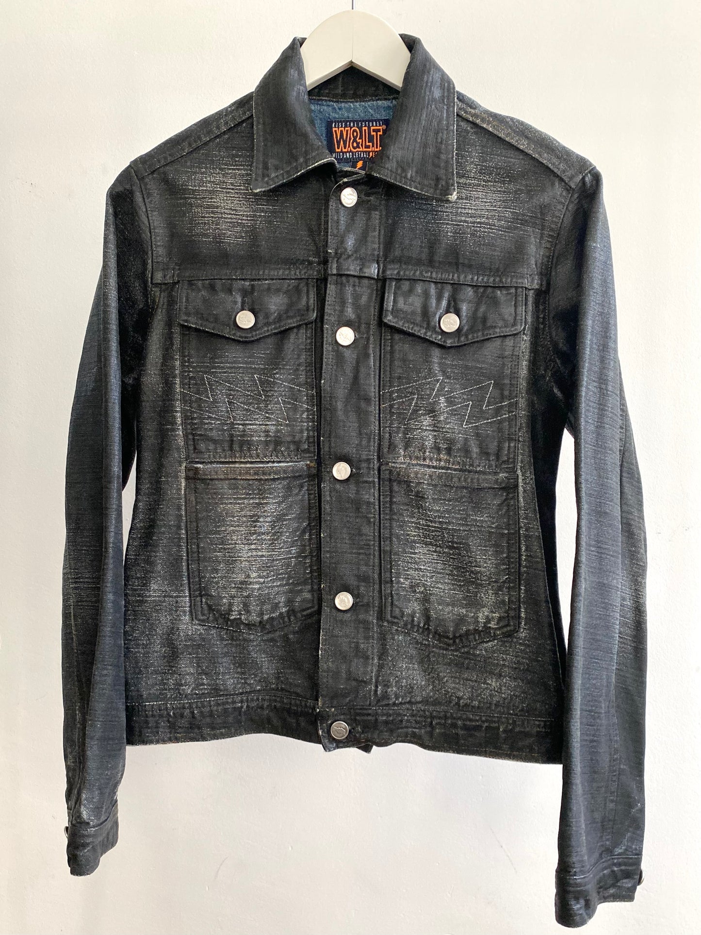 wild & lethal trash denim coated trucker jacket, late 90s/00s