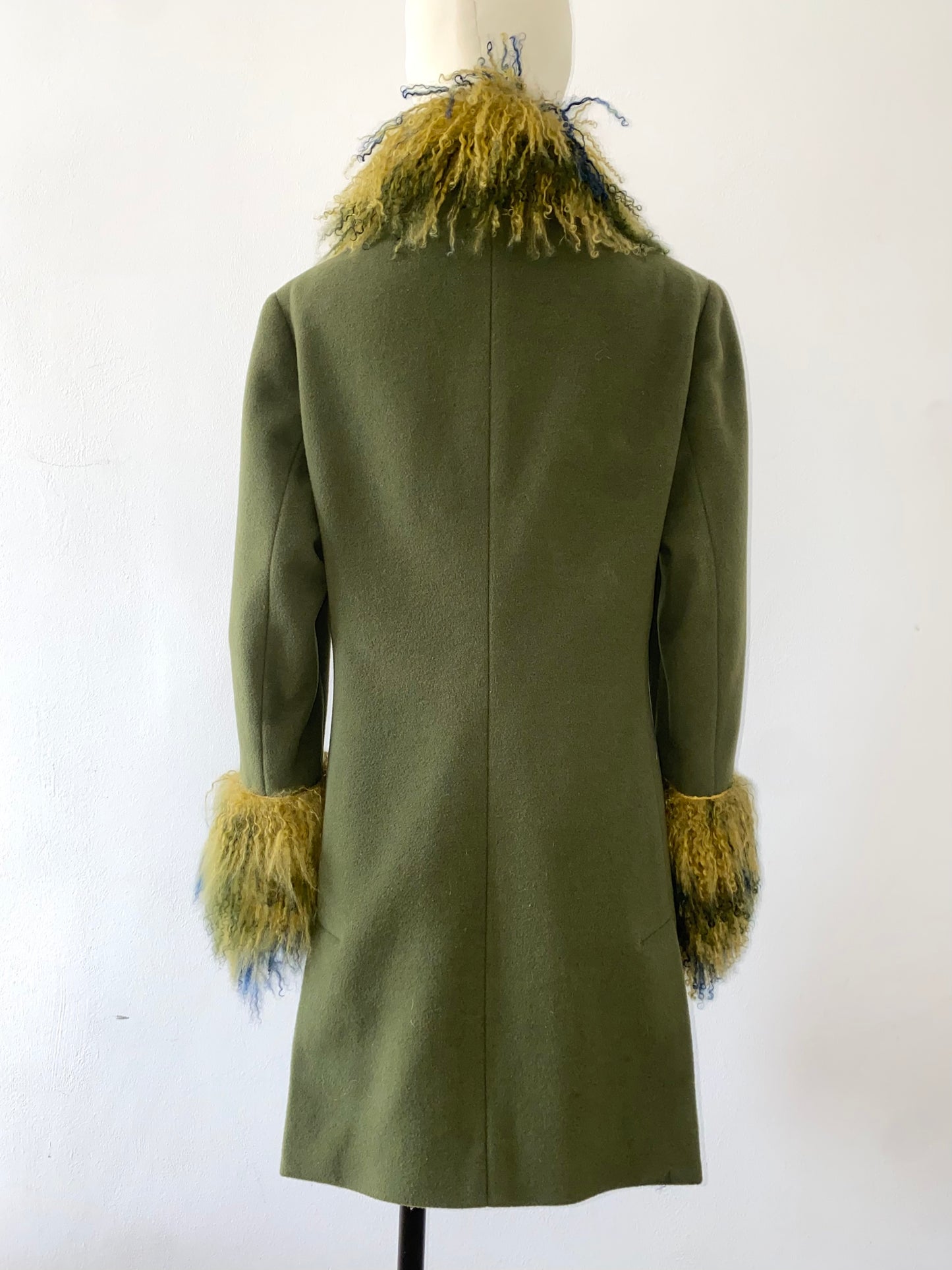 romeo gigli fur trimmed olive wool coat, mid-late 90s