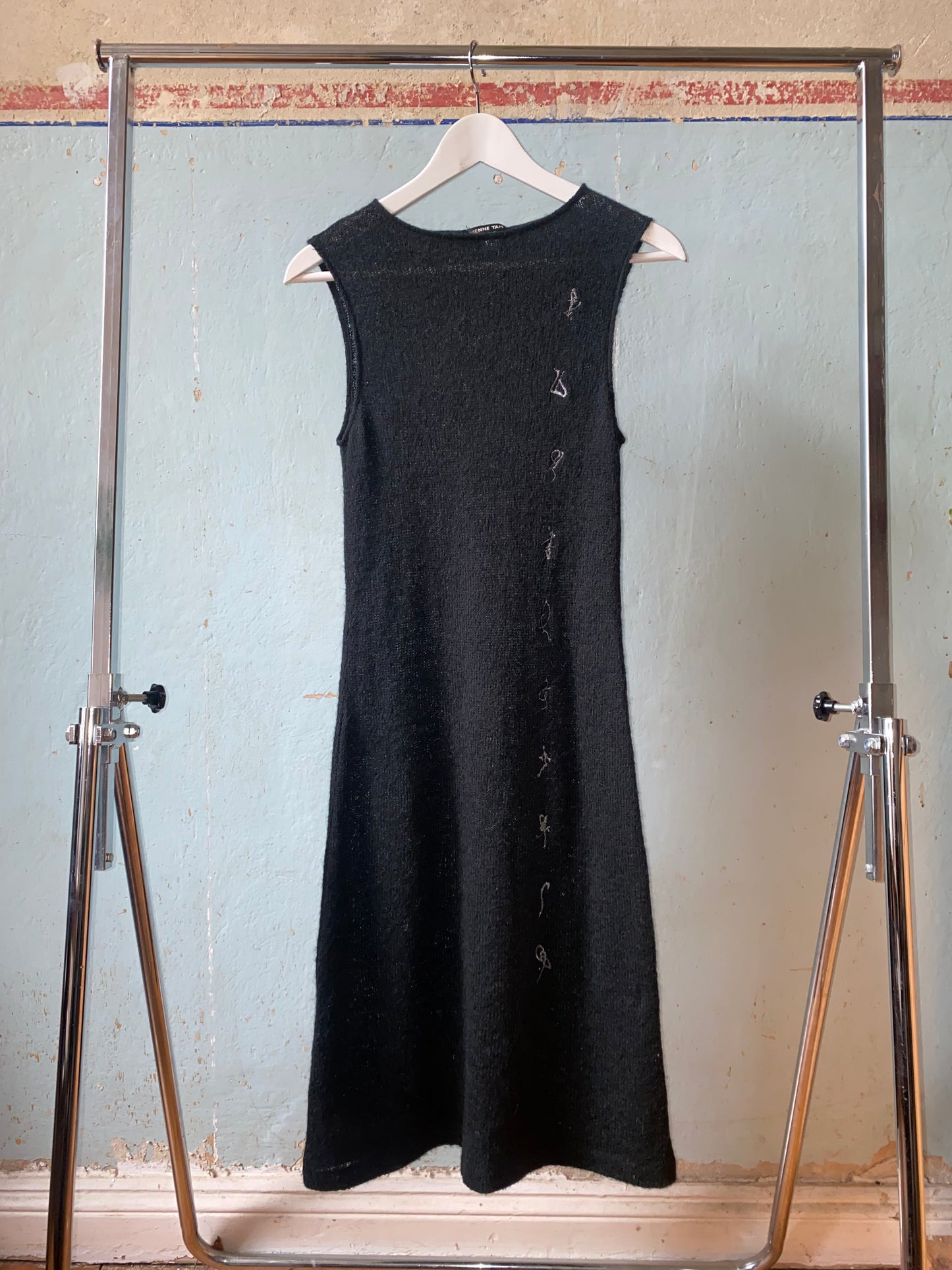 vivienne tam featherweight maxi knit dress with metallic embroidery, mid-late 90s