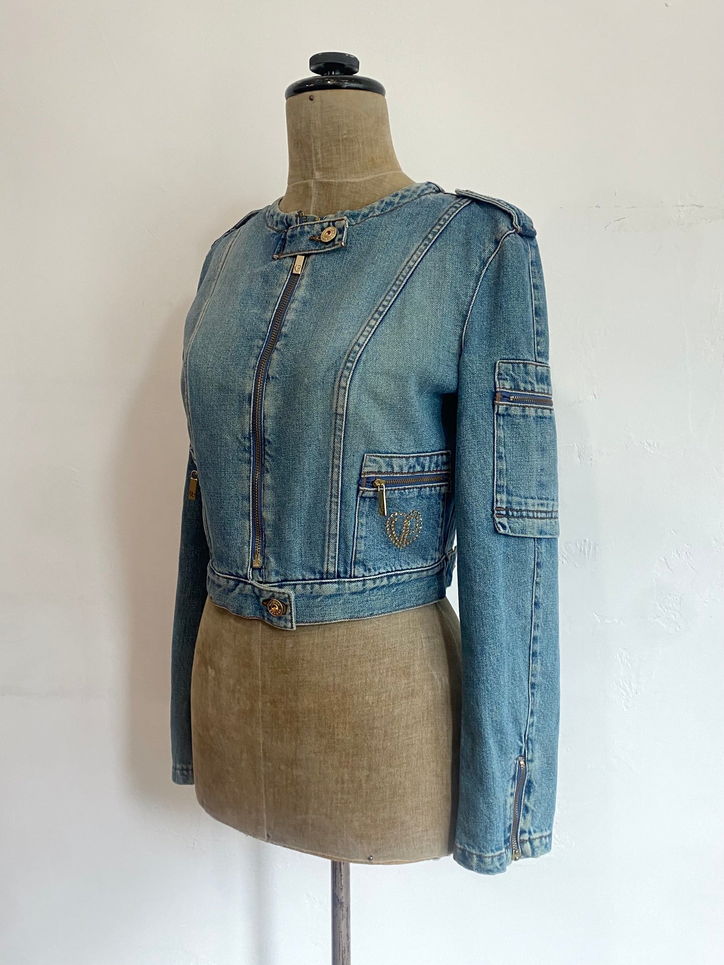 voyage passion denim cargo jacket with maria embroidery, 2000s