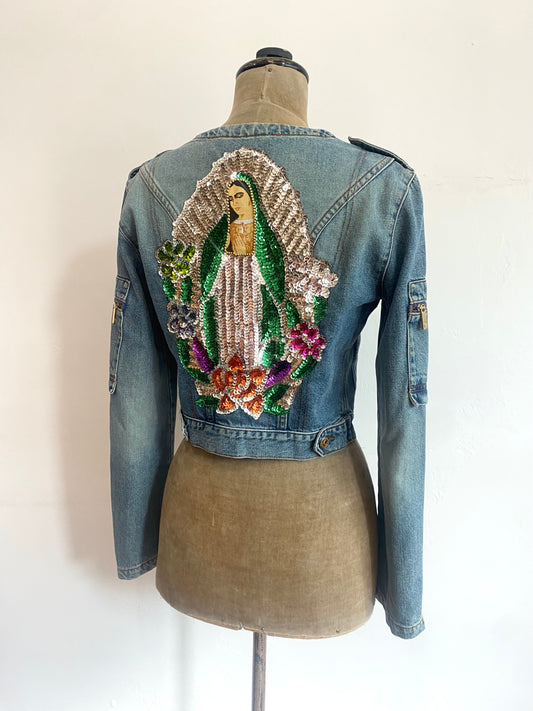 voyage passion denim cargo jacket with maria embroidery, 2000s