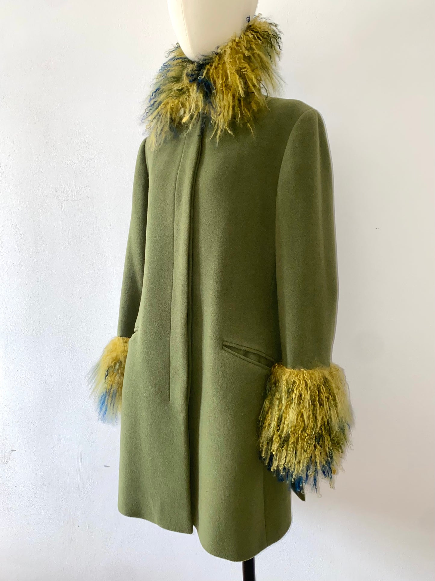 romeo gigli fur trimmed olive wool coat, mid-late 90s