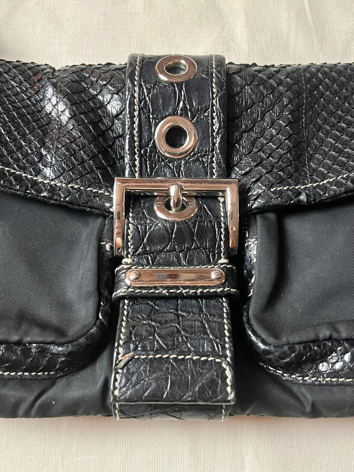 prada crocodile, python, and nylon shoulder bag, s/s 2004