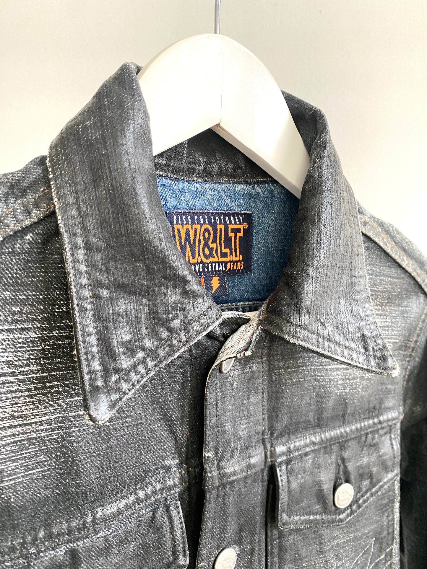 wild & lethal trash denim coated trucker jacket, late 90s/00s