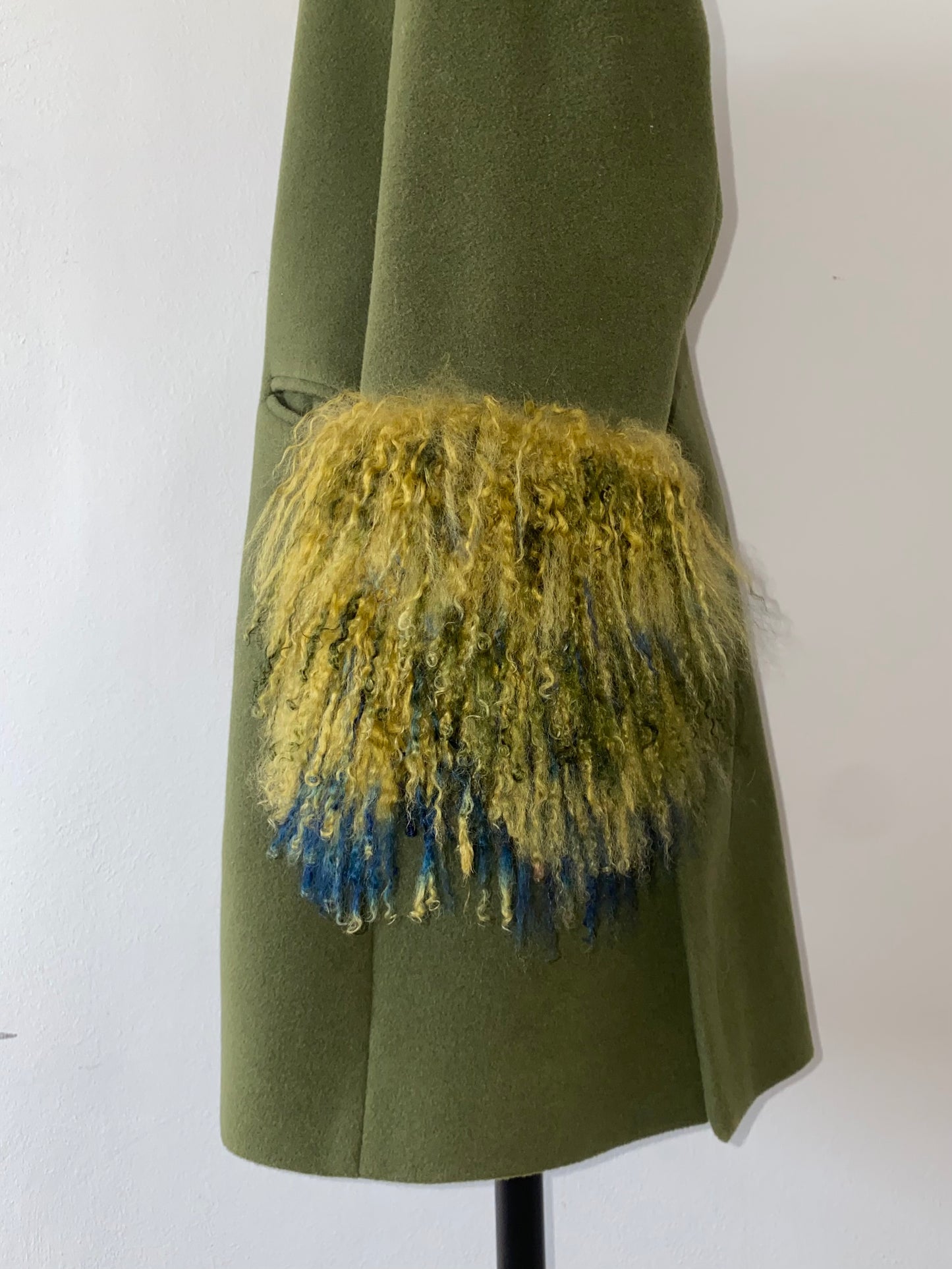 romeo gigli fur trimmed olive wool coat, mid-late 90s