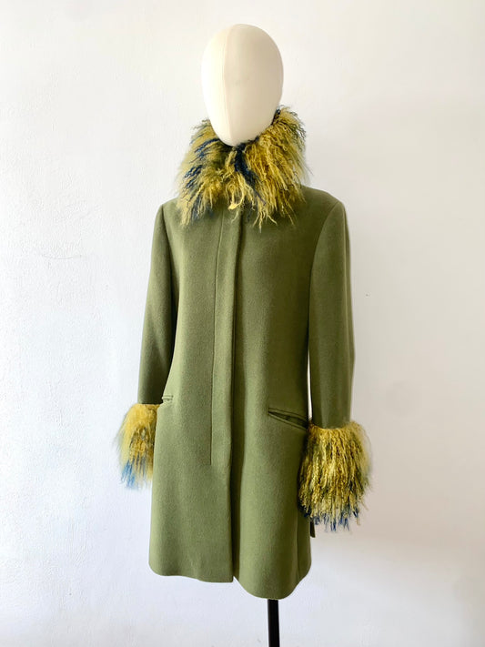 romeo gigli fur trimmed olive wool coat, mid-late 90s