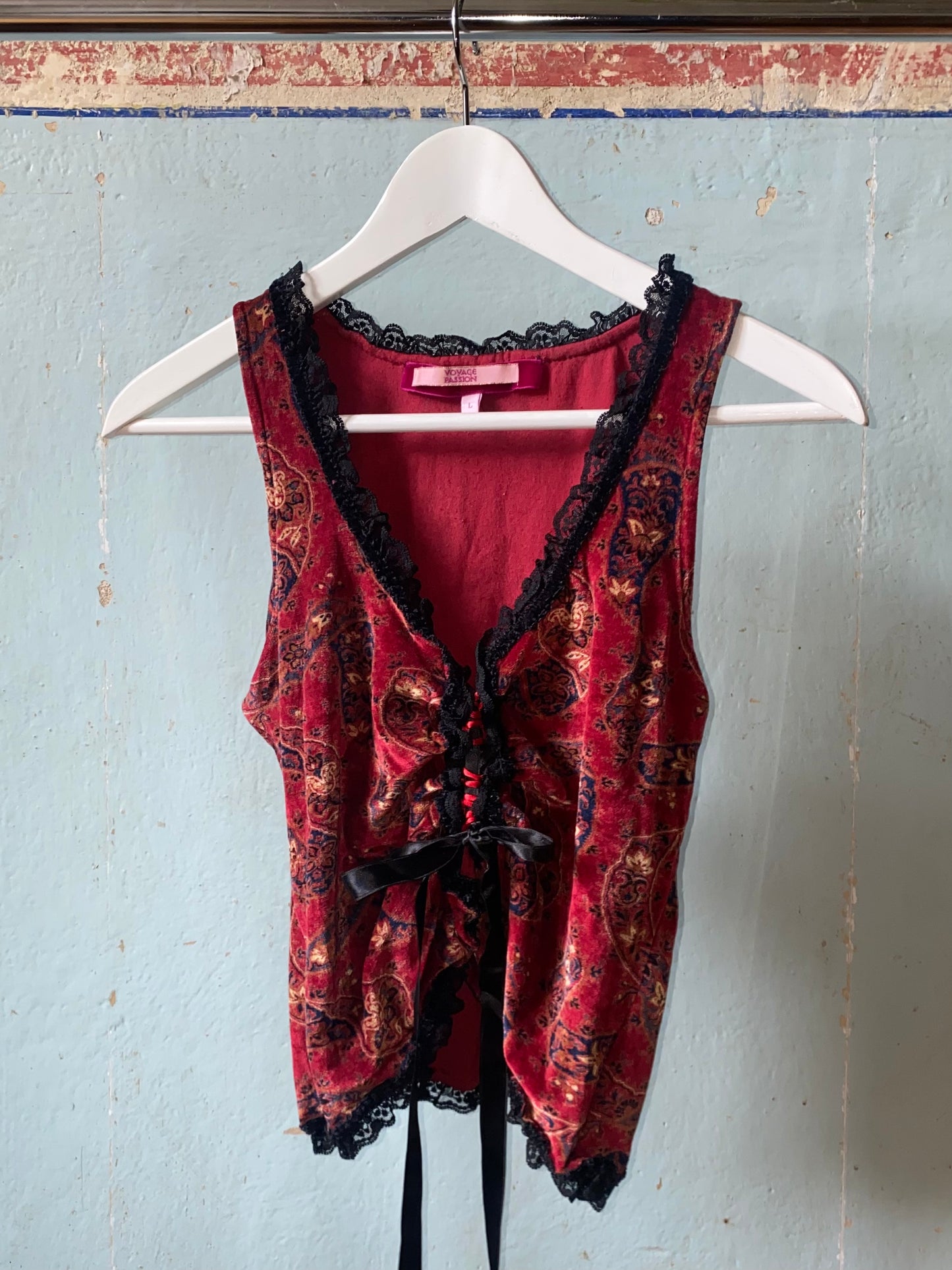 voyage passion velvet paisley top with corset lacing, mid-late 90s