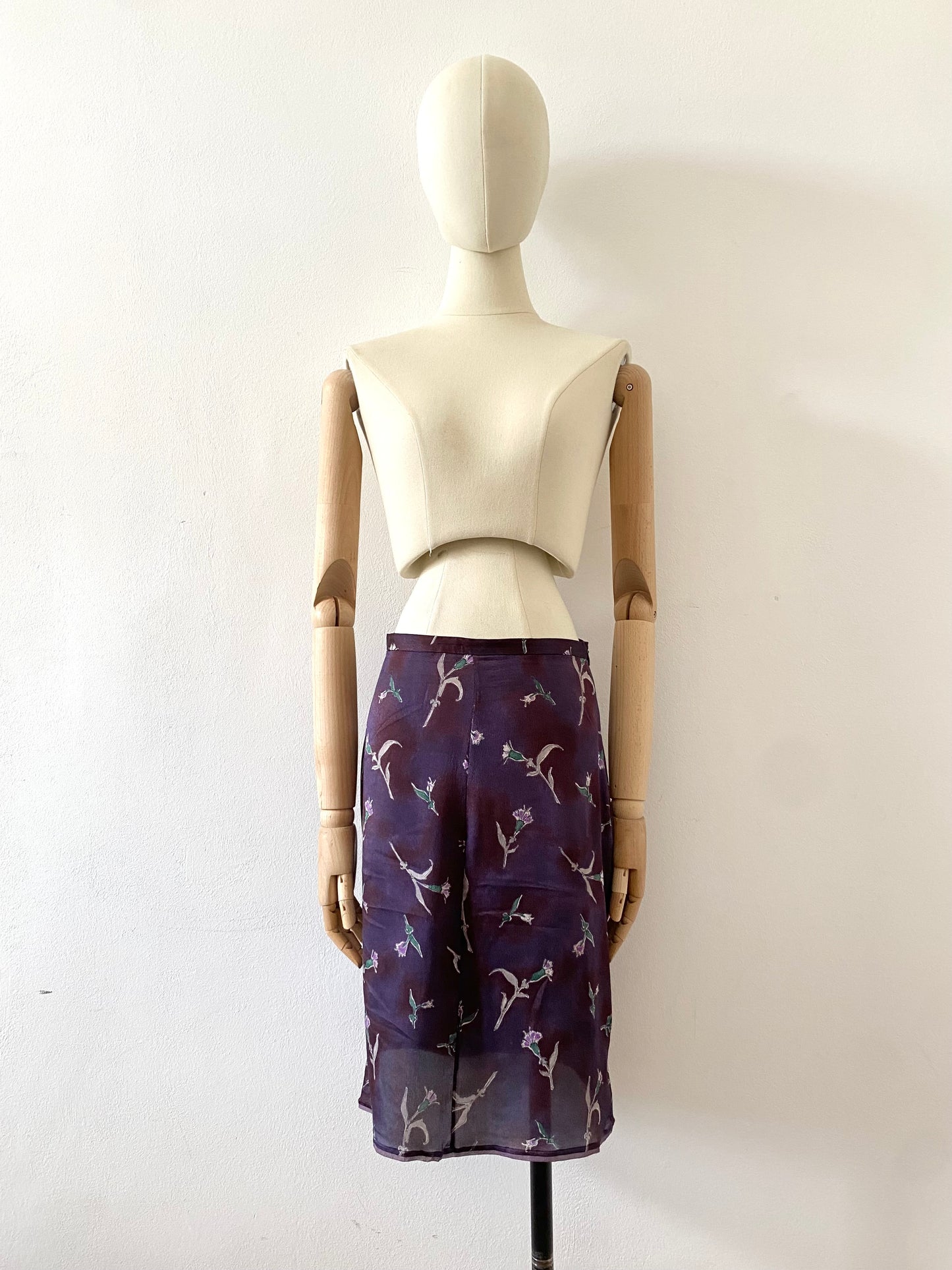 prada silk floral print skirt in aubergine, f/w 1997