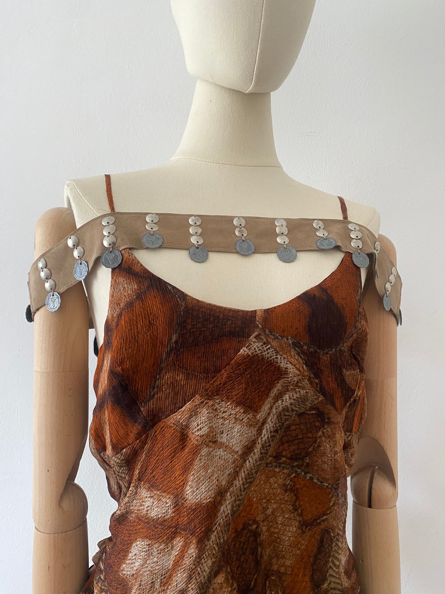 voyage silk and leather asymmetric top, 2000s