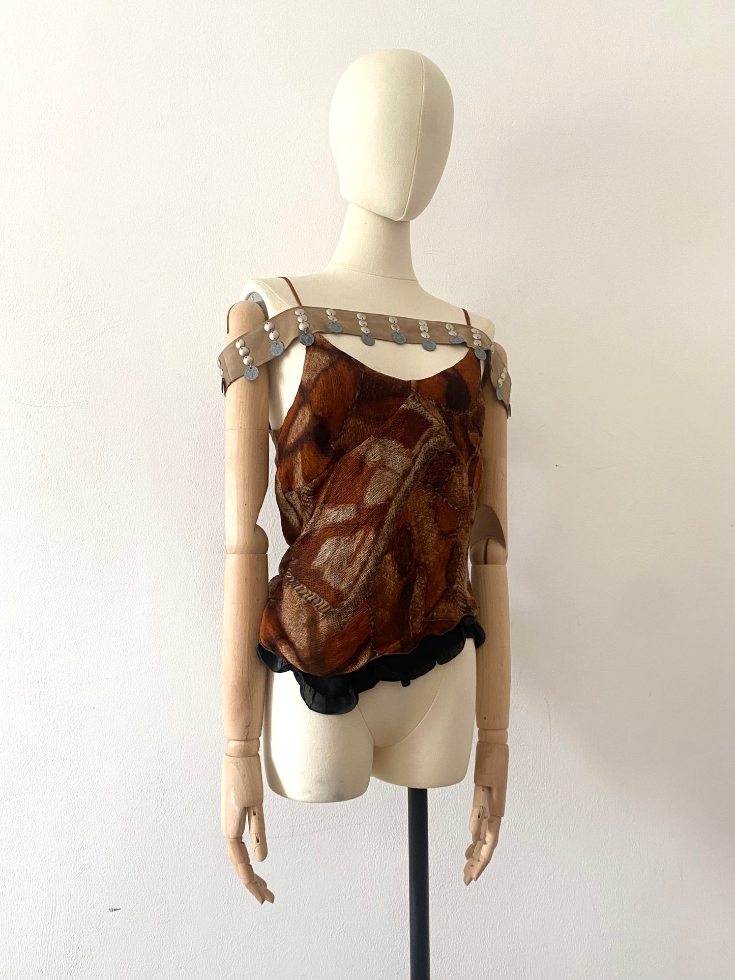 voyage silk and leather asymmetric top, 2000s