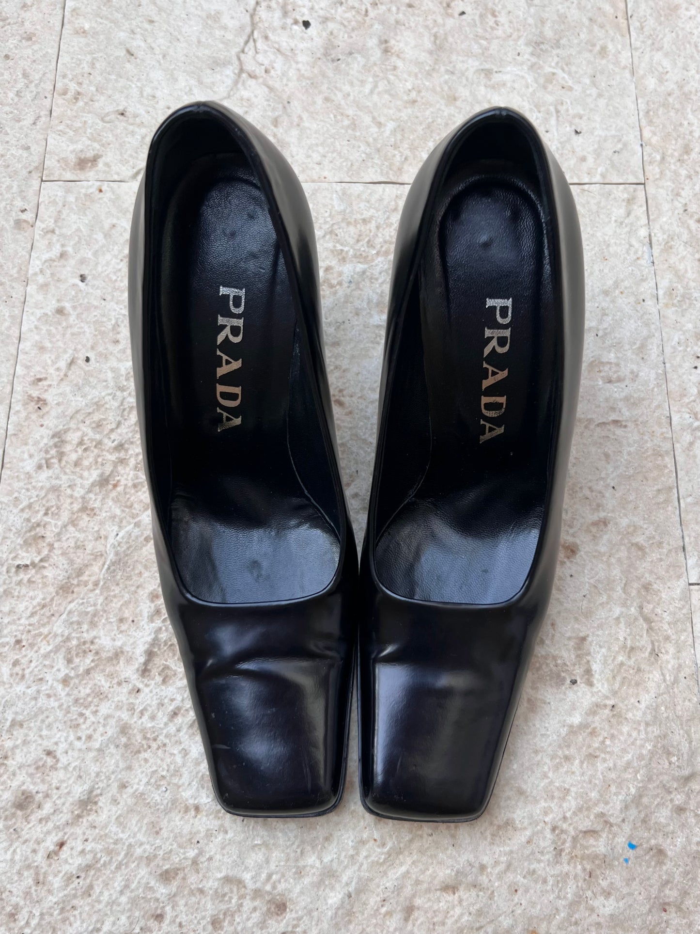 prada square toe pumps with angular block heel, a/w 1998