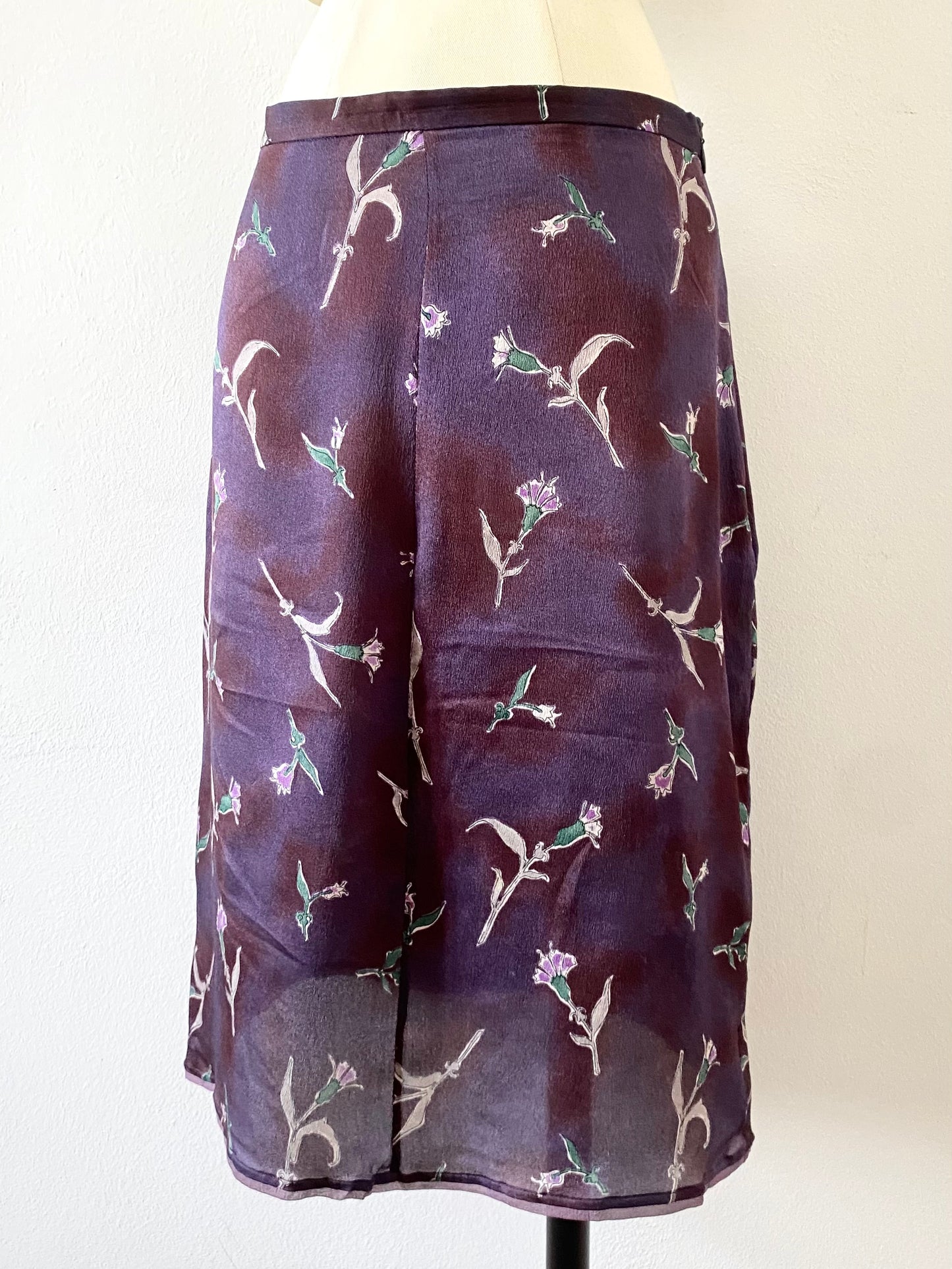 prada silk floral print skirt in aubergine, f/w 1997