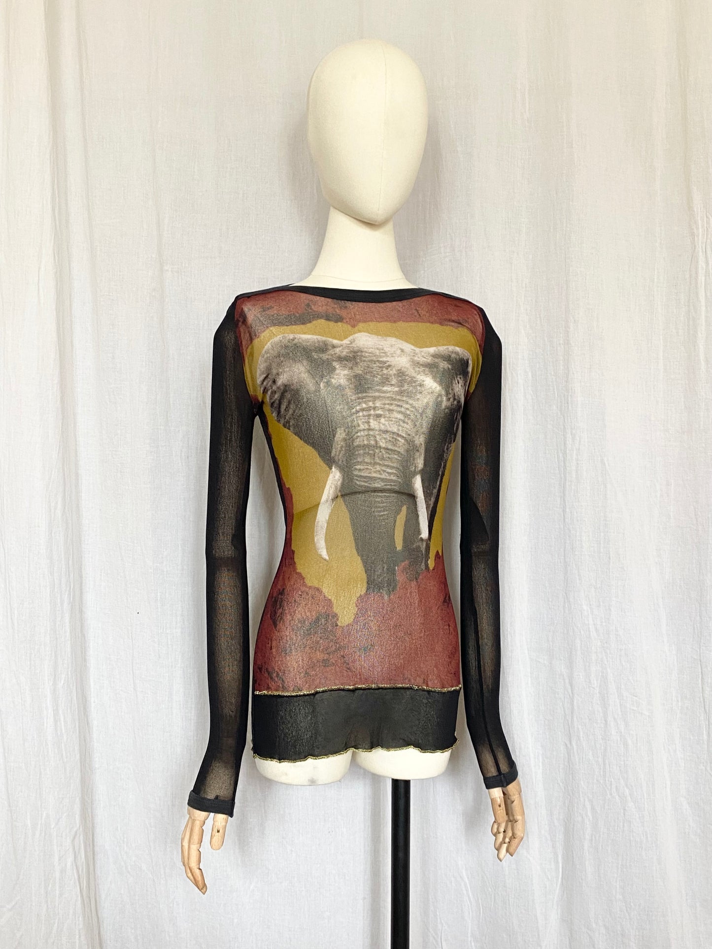 jean-paul gaultier elephant print longsleeve mesh top, s/s 1996 "cyberbaba"