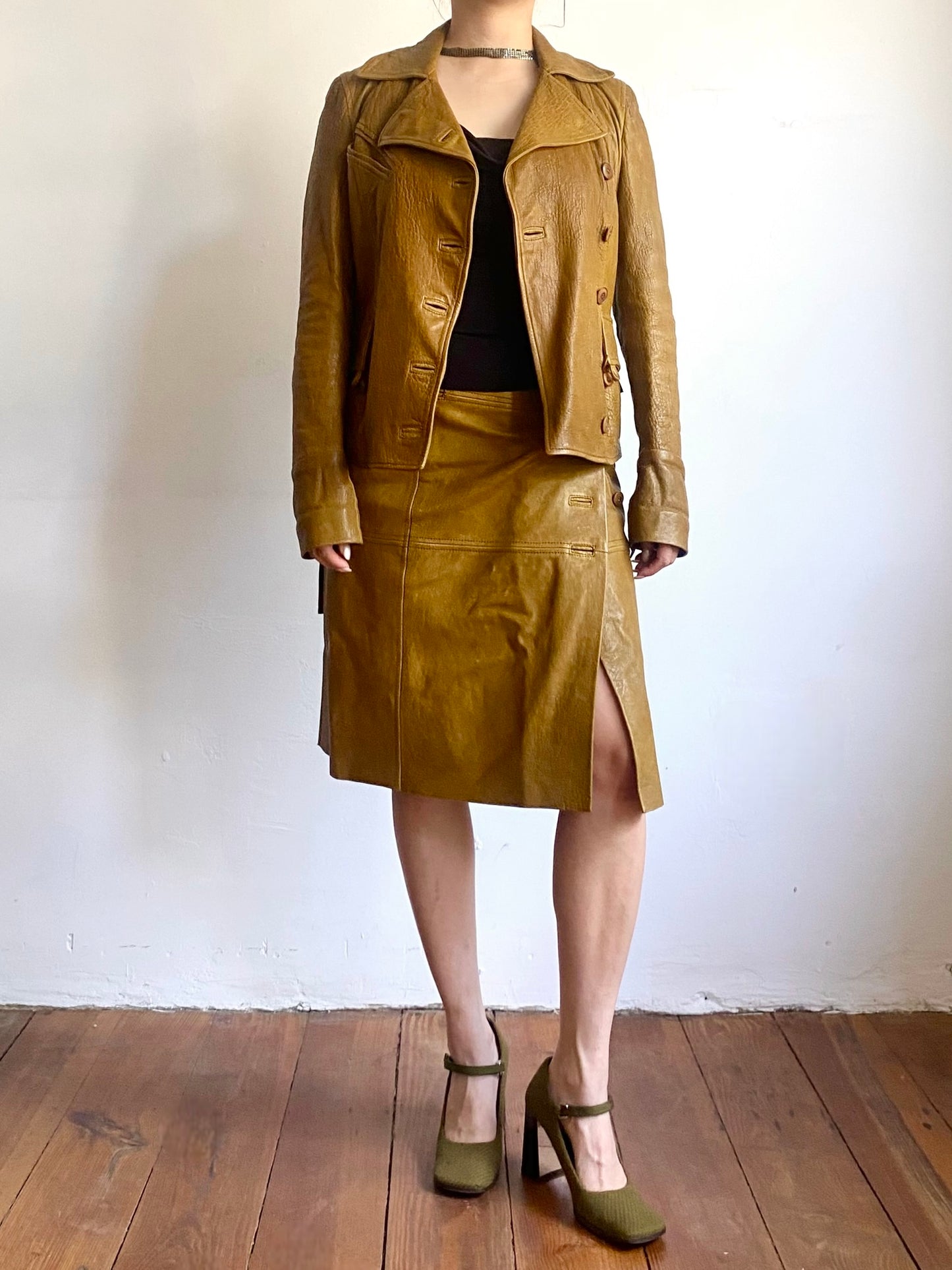 plein sud two-piece leather set in tobacco, 2000s