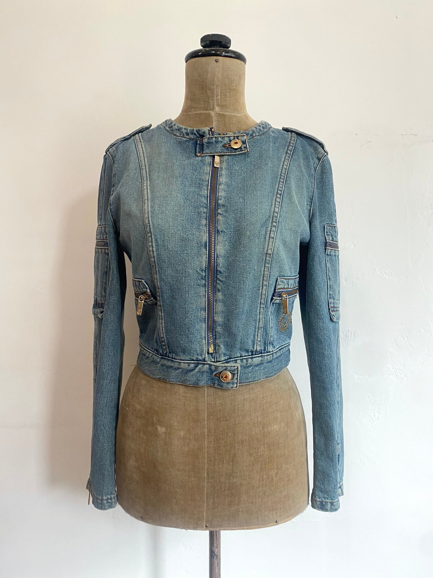 voyage passion denim cargo jacket with maria embroidery, 2000s