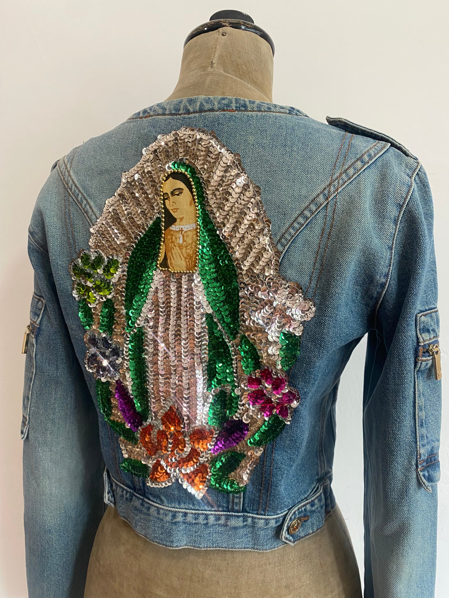 voyage passion denim cargo jacket with maria embroidery, 2000s