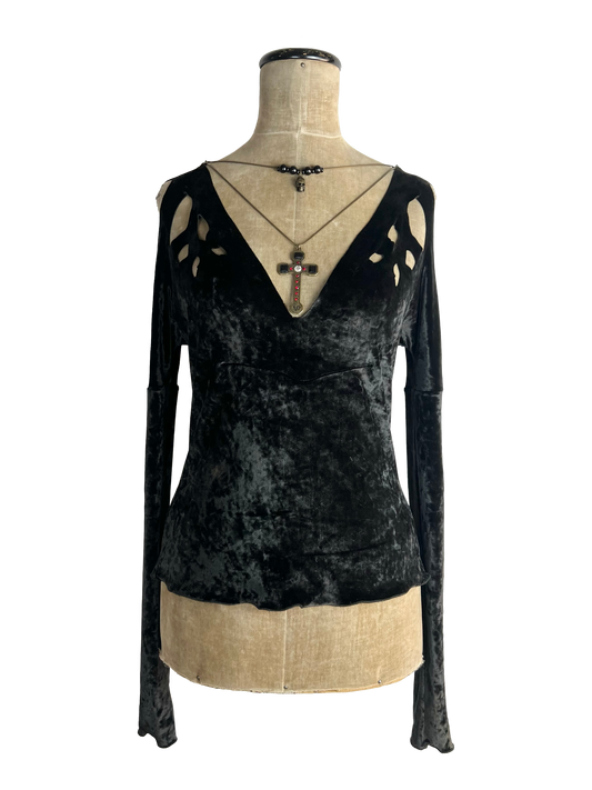voyage passion long sleeve cutout velvet top with heavy brass charms, 2000s