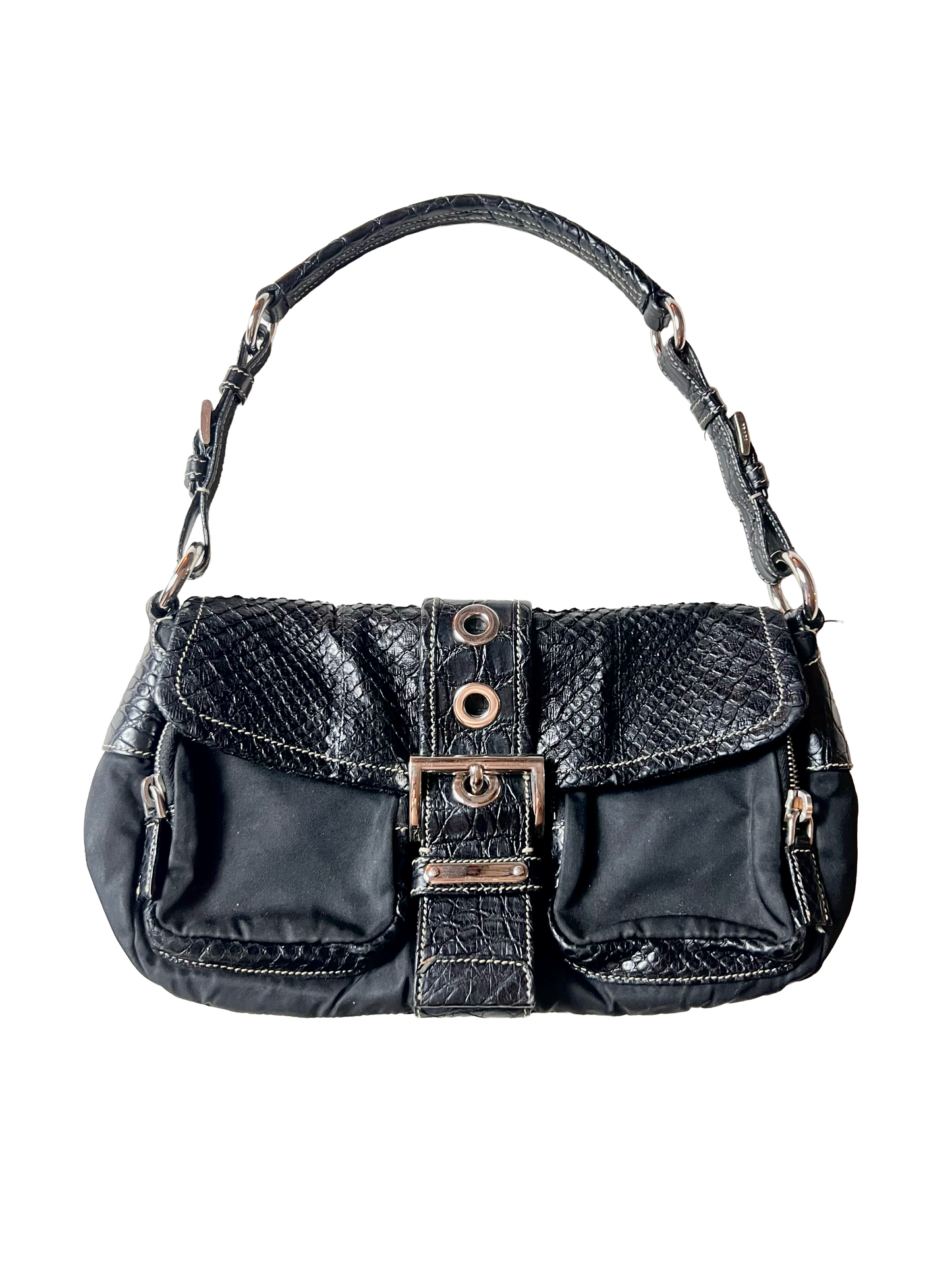 prada crocodile, python, and nylon shoulder bag, s/s 2004