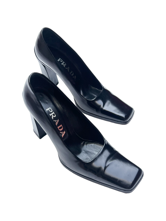 prada square toe pumps with angular block heel, a/w 1998