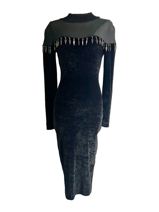 rifat ozbek bodycon dress with metal fringe, a/w 1991
