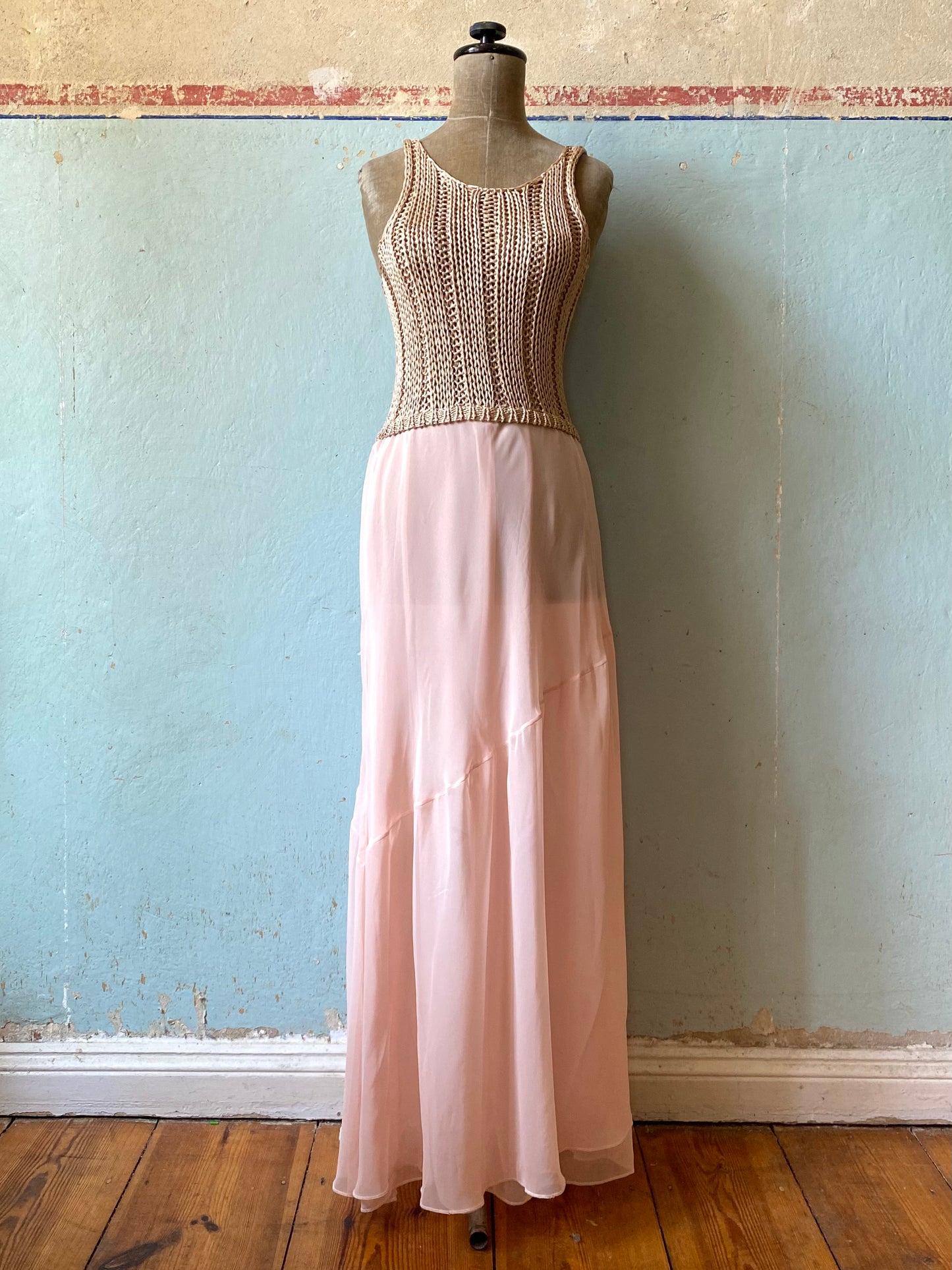 amaya arzuaga knit and chiffon maxi dress, 90s