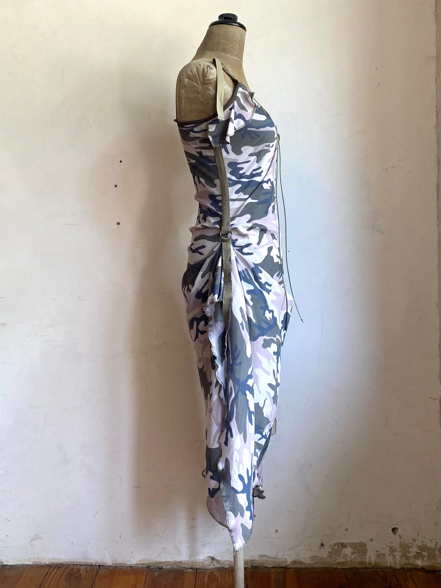 mesh camouflage dress with adjustable straps and drawstrings, late 90s