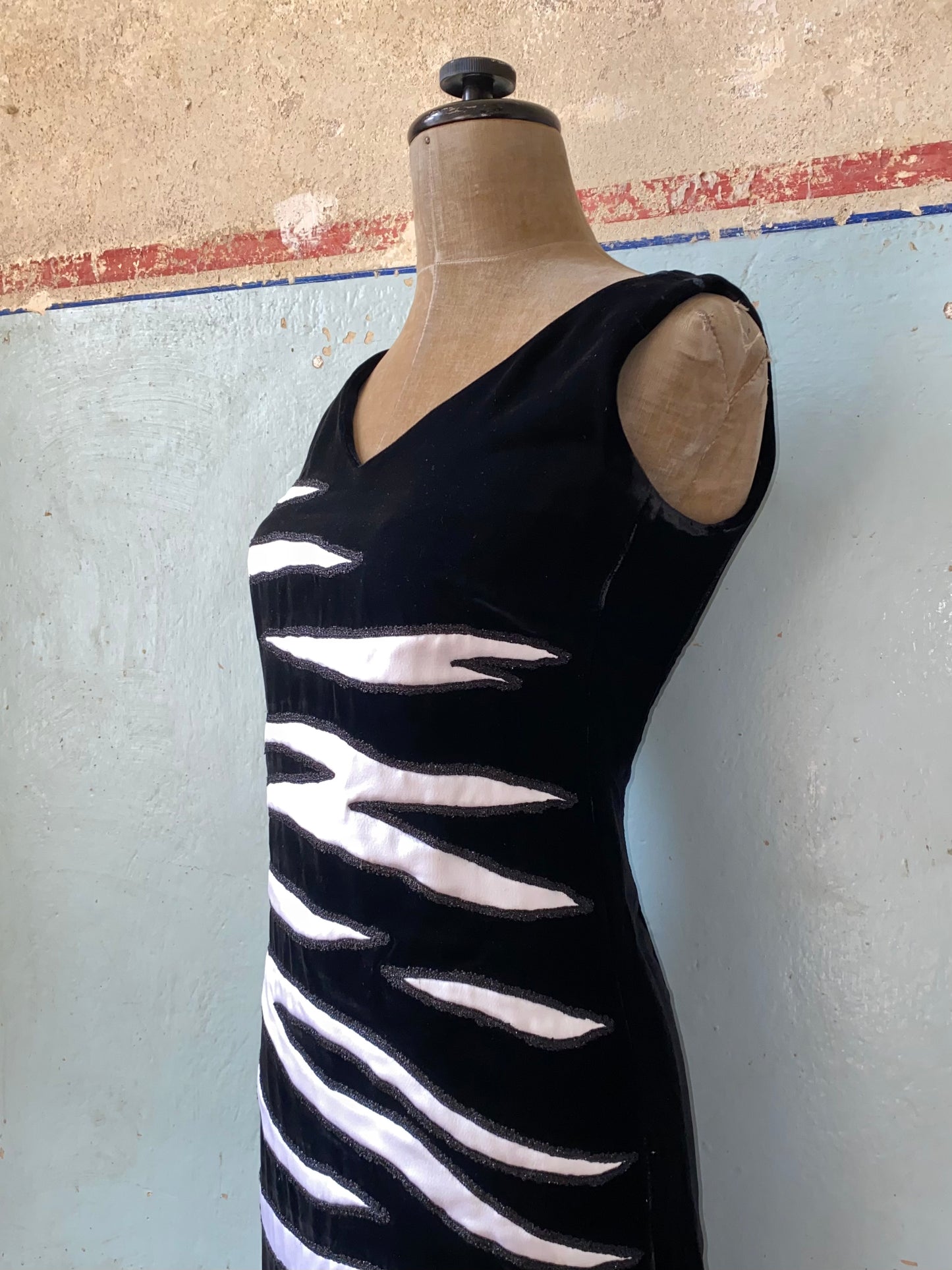 byblos black velvet dress with zebra appliqué, mid 90s