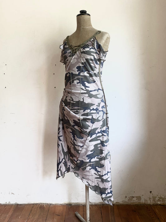 mesh camouflage dress with adjustable straps and drawstrings, late 90s