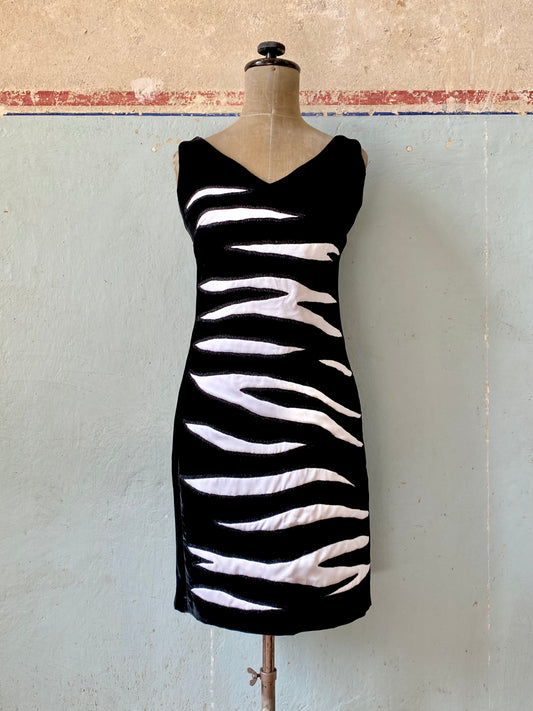 byblos black velvet dress with zebra appliqué, mid 90s