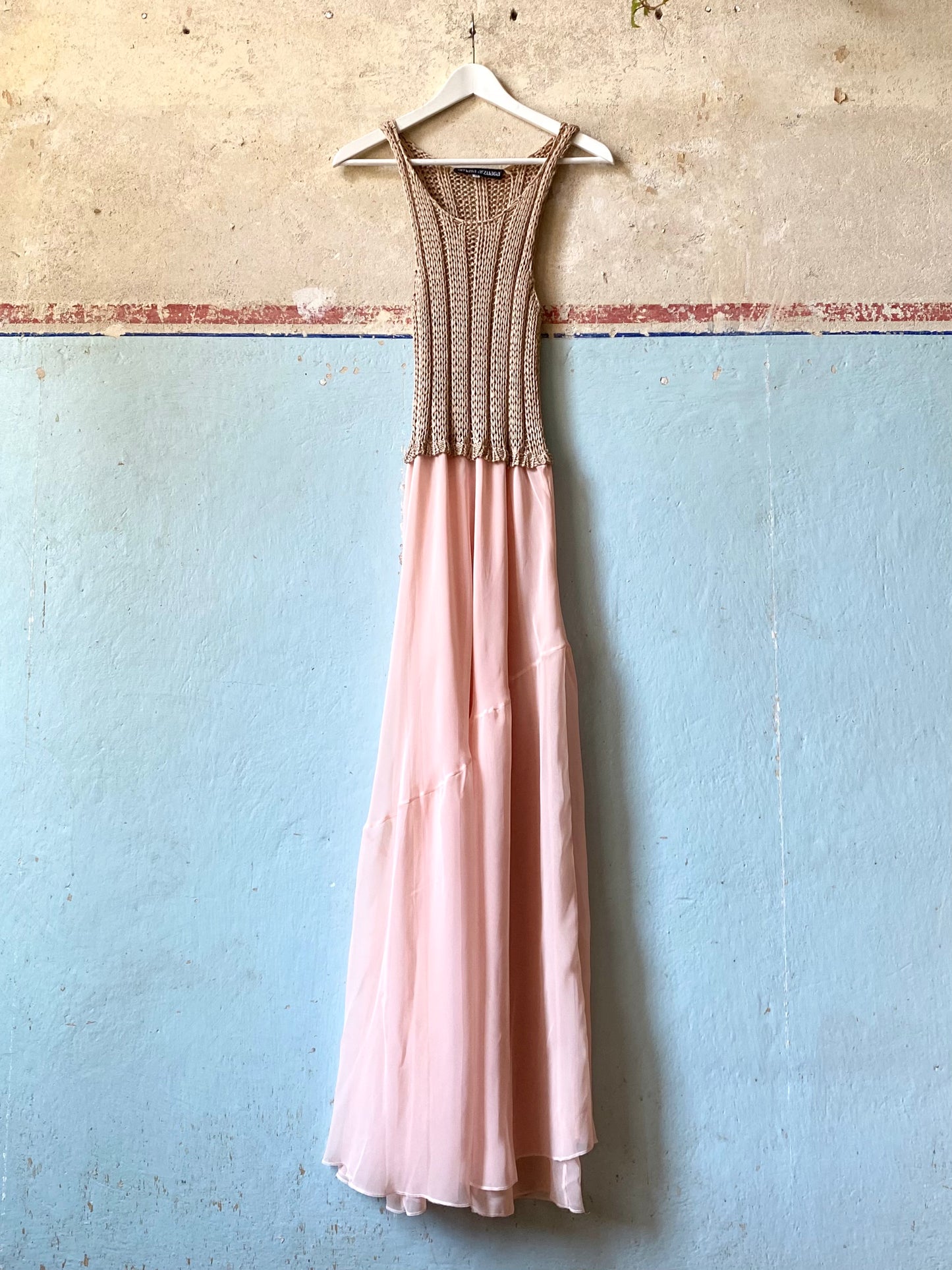 amaya arzuaga knit and chiffon maxi dress, 90s