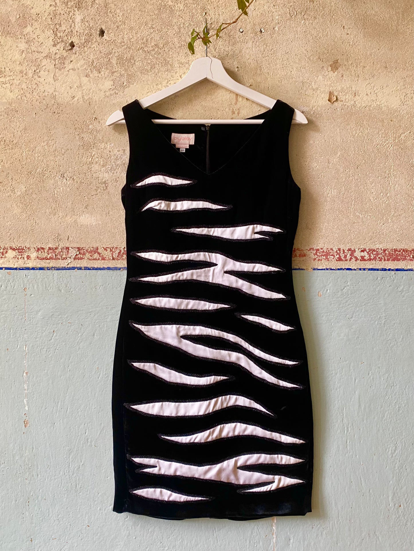 byblos black velvet dress with zebra appliqué, mid 90s